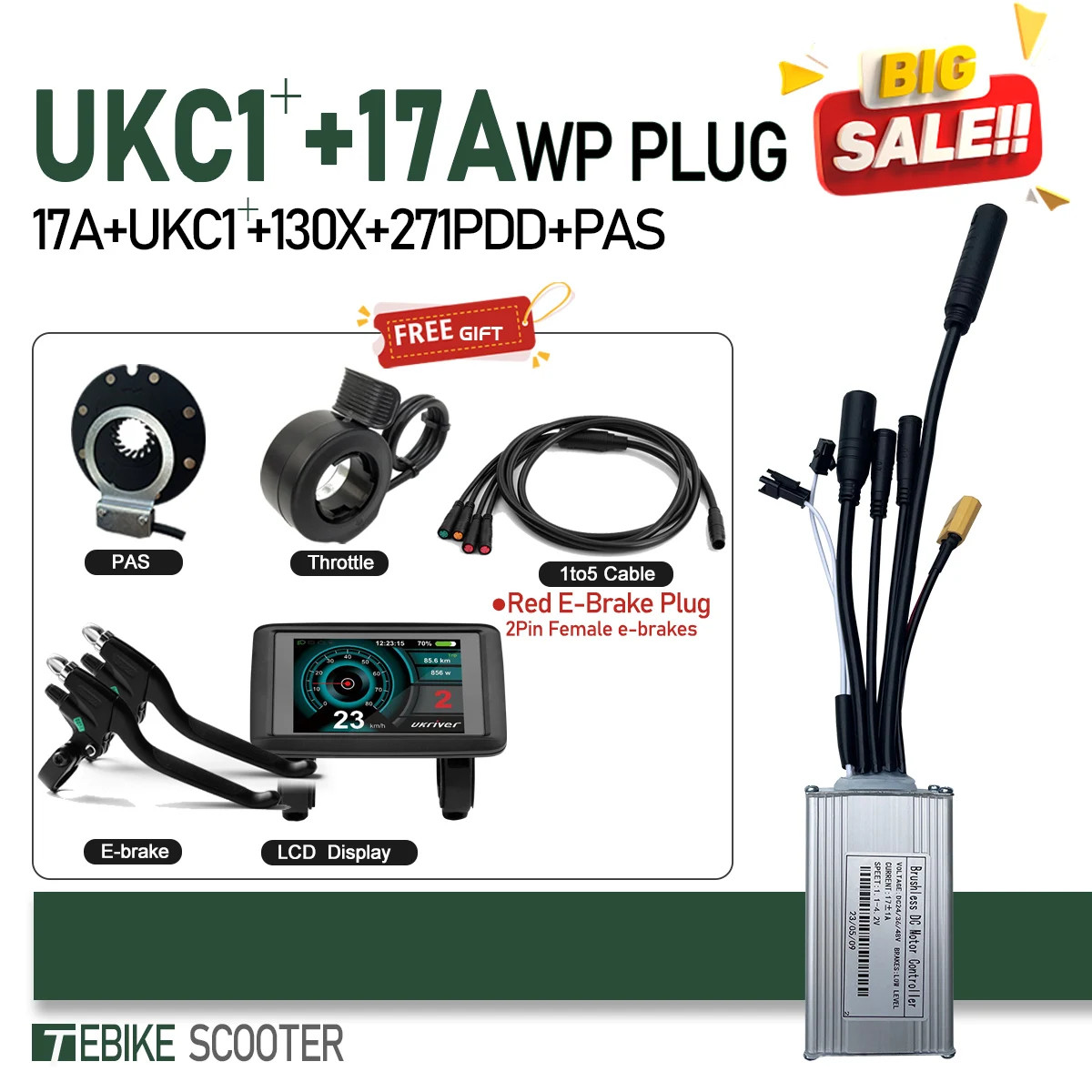 Electric Bike 3-Mode SineWave Controller 17A 26A 30A 40A with LCD UKC1 Display