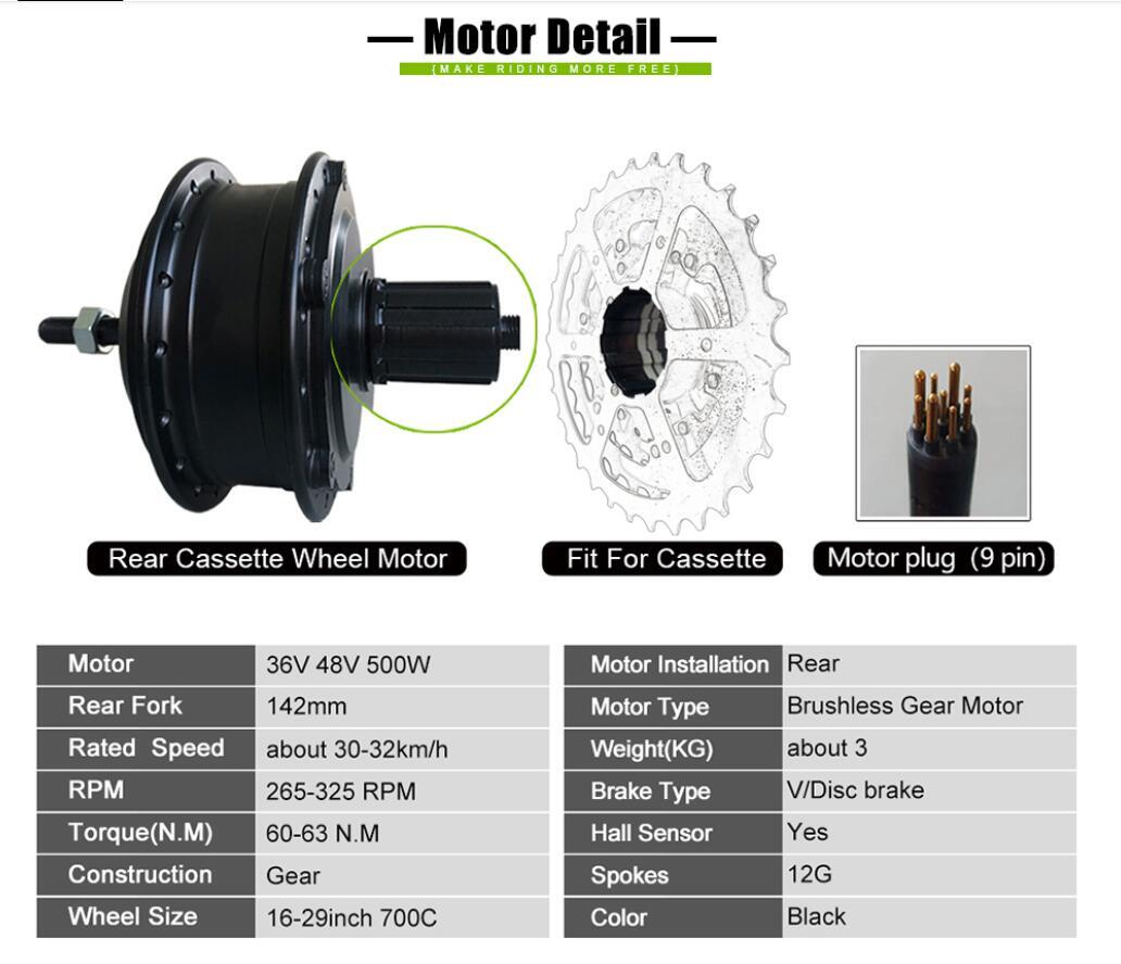 36V 48V 500W Rear Cassette Hub Motor Conversion Kit with Controller Display PAS