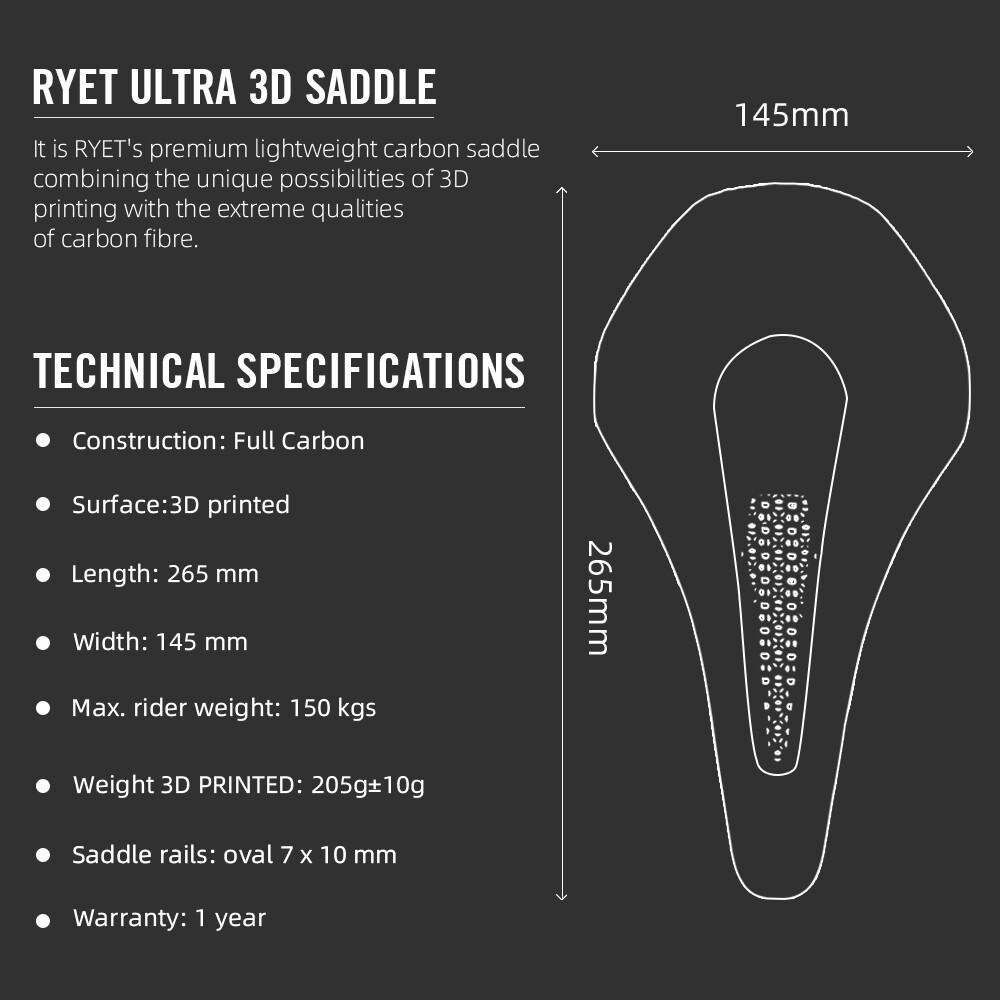 3D Printed Bike Saddle Carbon Fiber Base for Mountain Road Gravel Bicycle 145mm