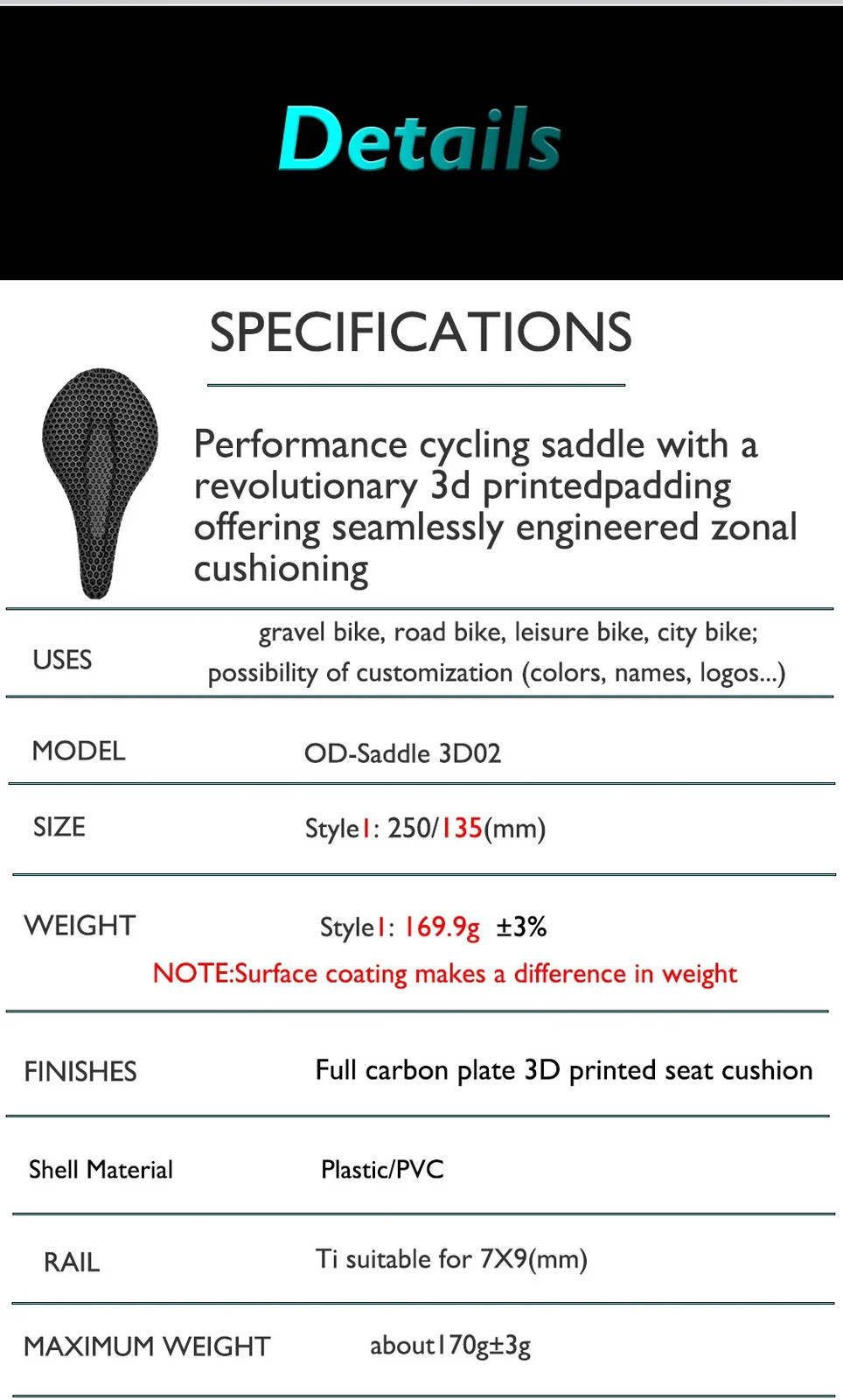 3D Printed All Carbon Seat Cushion MTB/road Bike Breathable Plastic/PVC Saddle