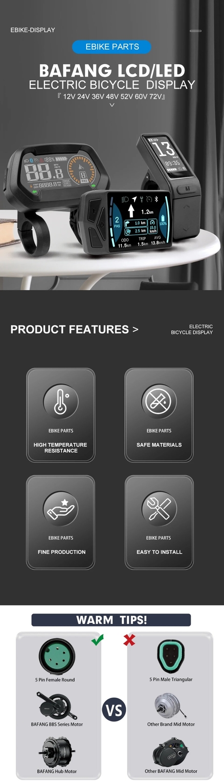 E-bike Intelligent LCD Screen Waterproof 5 Pin LED Display for Mid Drive Motor