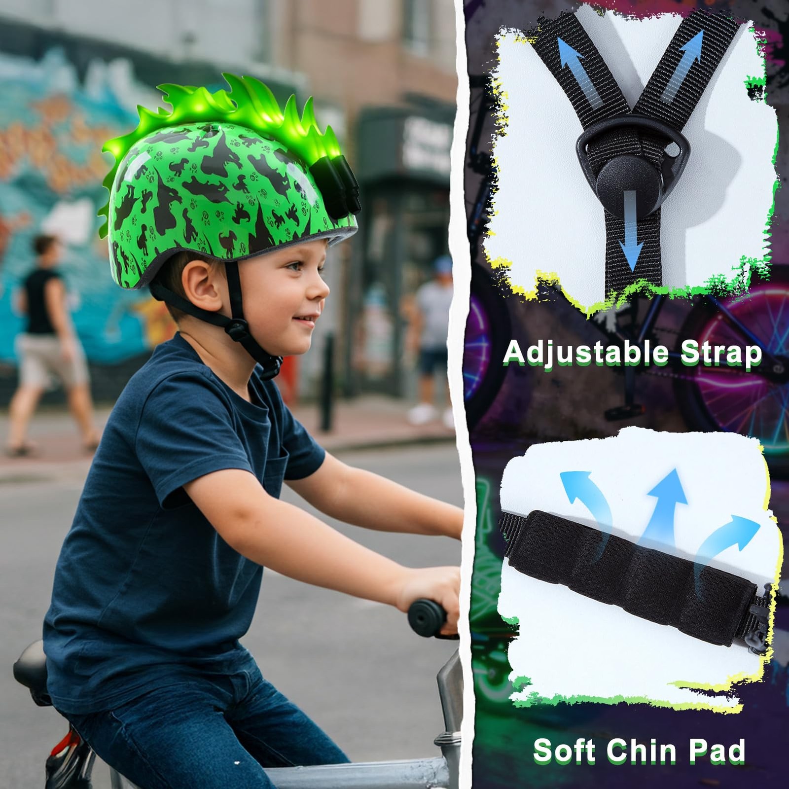 Toddler Bike Helmet with LED Lights, Kids Helmet for Boys 3-8 Years, Adjustable