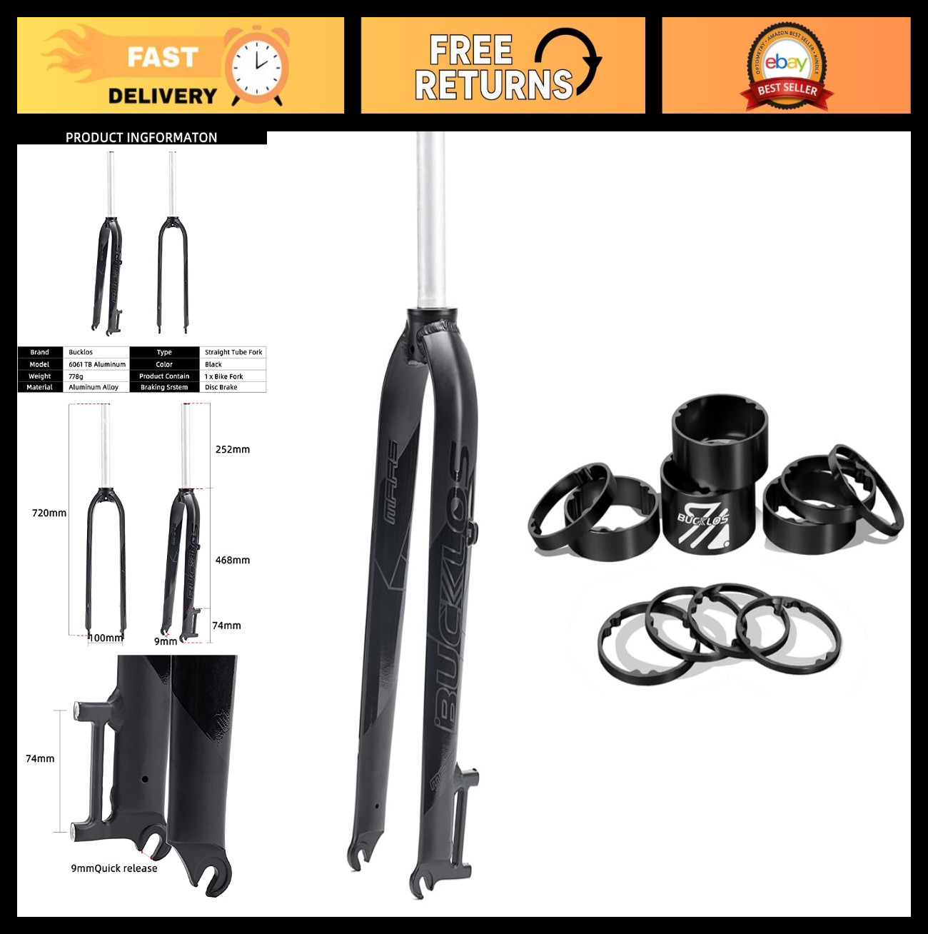 29″ Mountain Bike Rigid Forks Aluminum Alloy + 11PCS Headset Spacer – Black