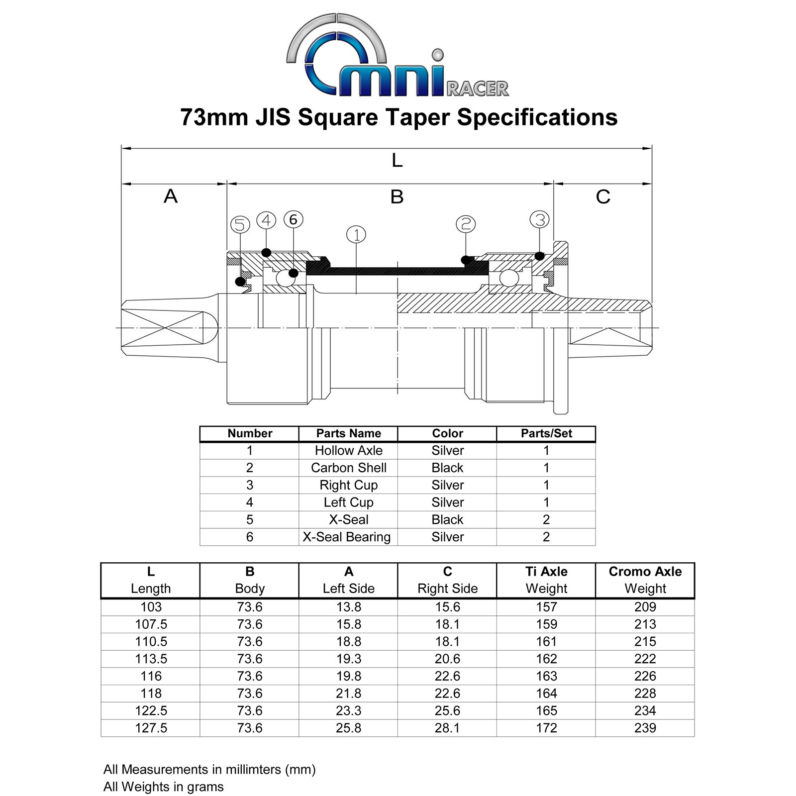 OMNI Racer Square Taper Cromo Steel Bottom Bracket JIS 2°: 73×122.5mm: ENGLISH