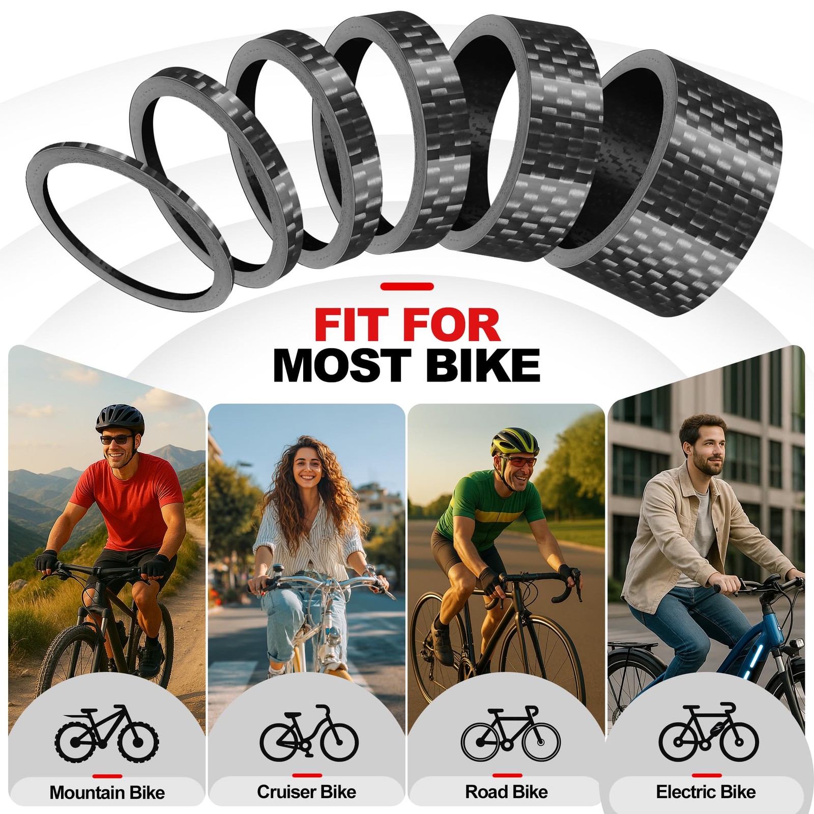 Mihoutal 12 PCS Carbon Fiber Bike Headset Spacers, Bike Stem Spacers 1 1/8 In