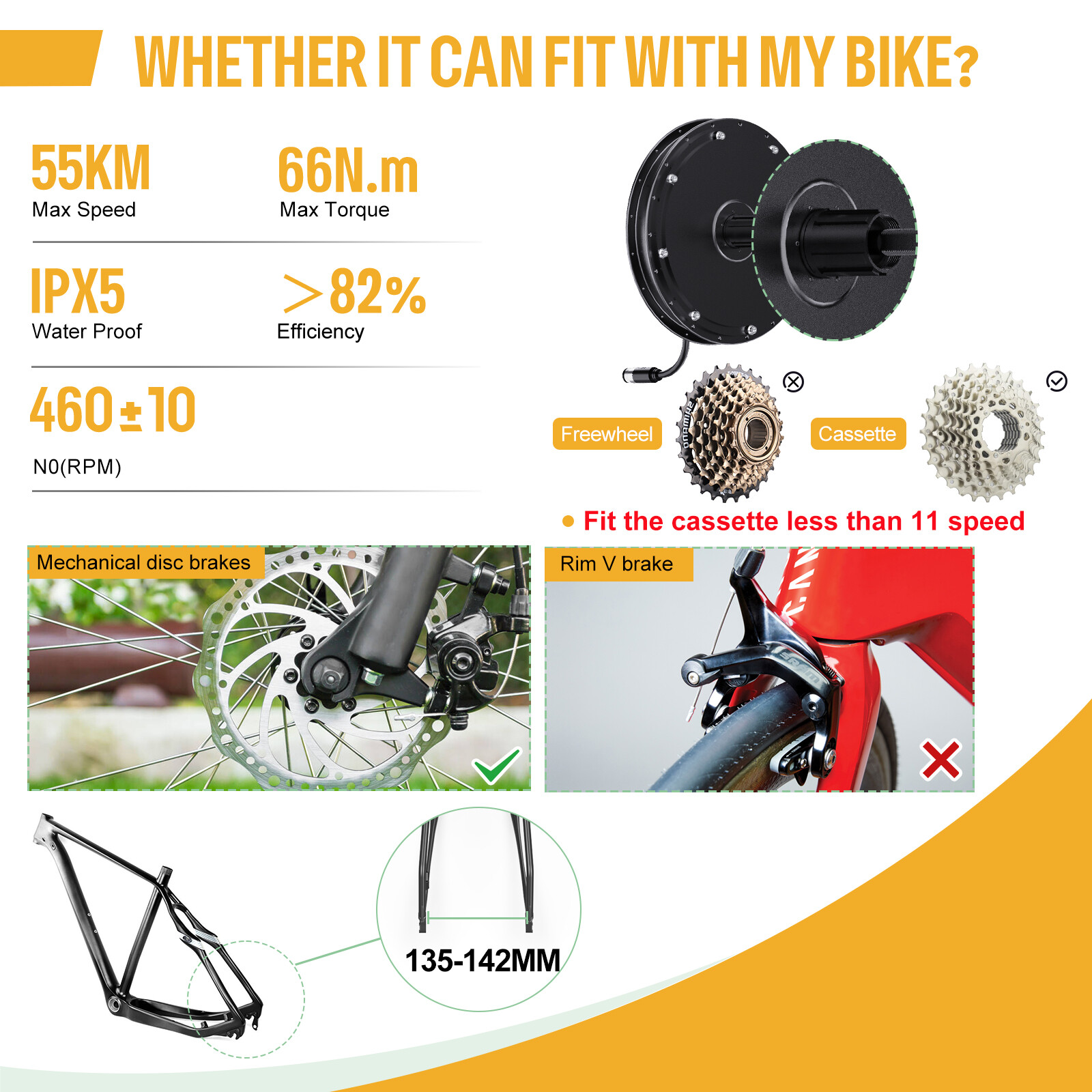 48V1000W Electric Bicycle 26″ 700C Rear Hub Wheel Cassette Disc Brake Type
