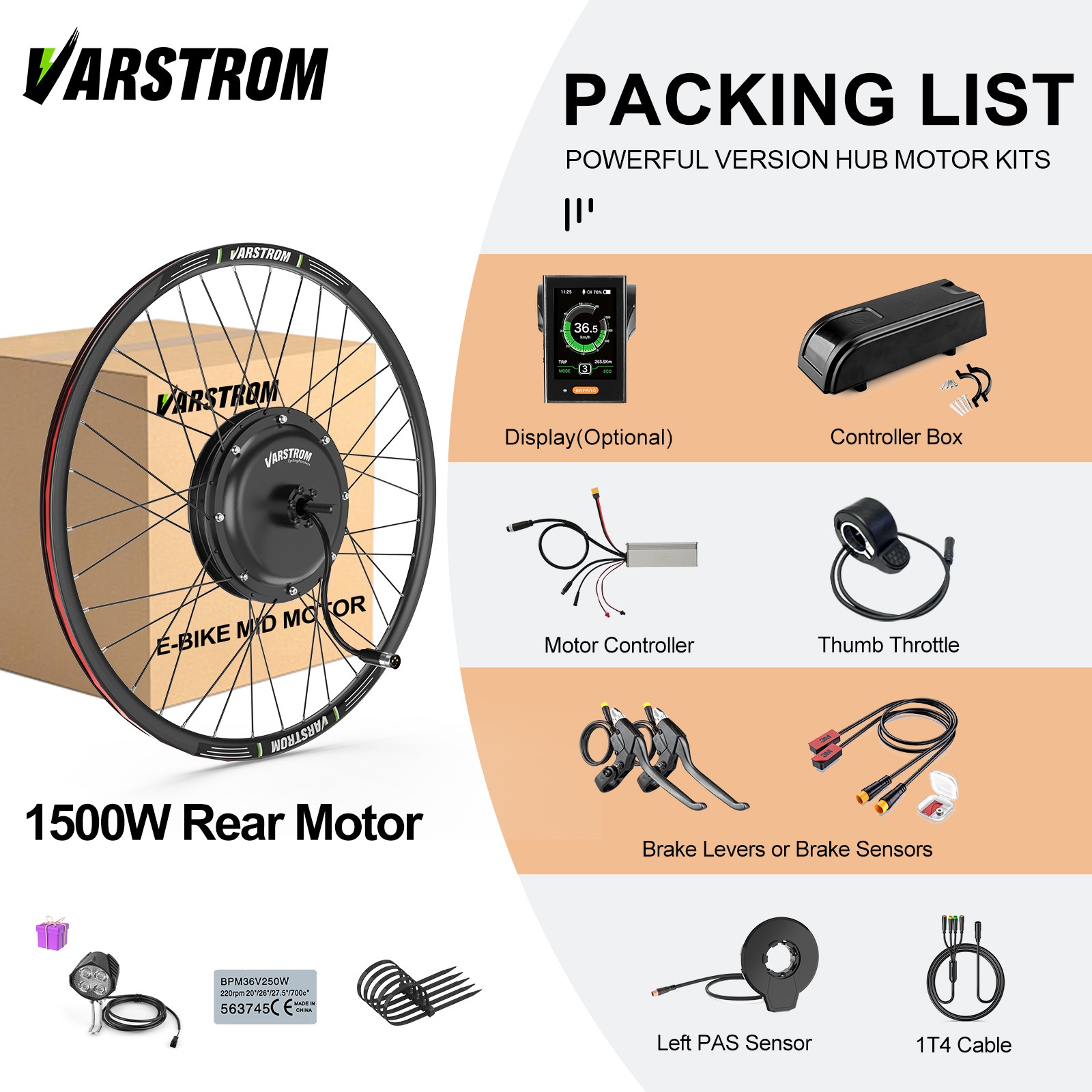 48V1500W26″27.5″700C Varstrom Rear Wheel Hub Motor Cassette EBike Conversion Kit