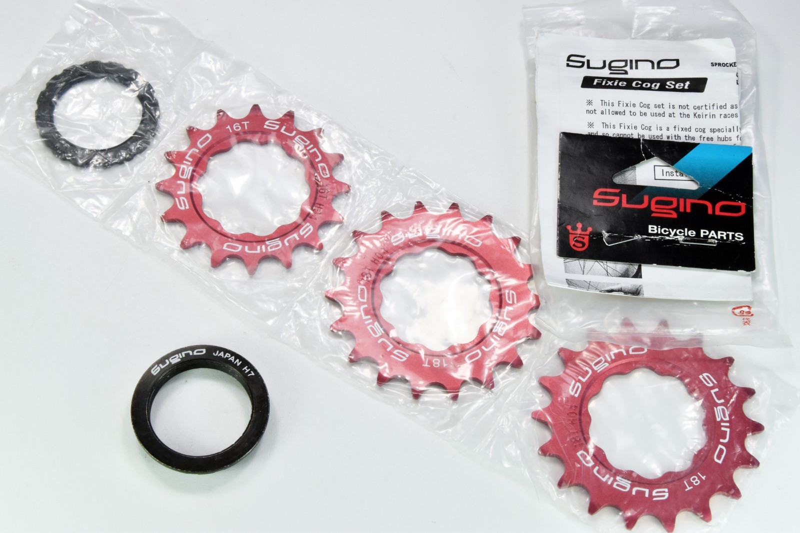Sugino fixed cog set 16t 17t 18t red anodized with splined lockring. Brand new