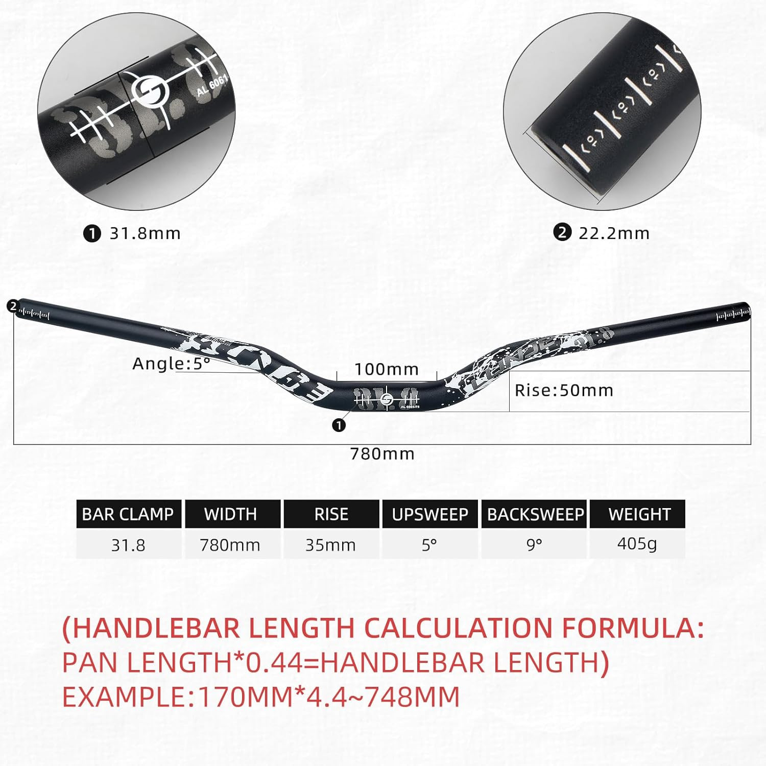 Mountain Bike Handlebar, 31.8mm, 35/50/70/90/120mm Rise Options, 780mm Cutabl…