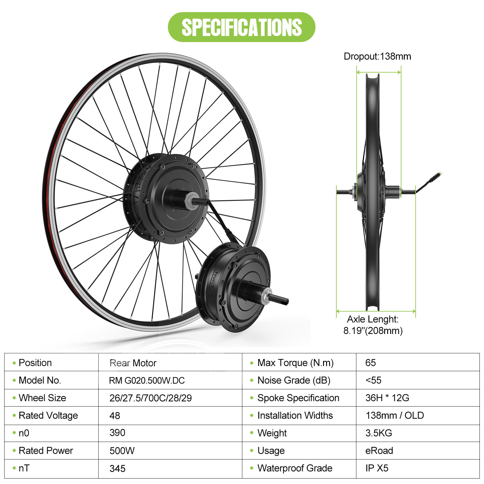 Bafang 48V500W Electric Bicycle Hub Motor Rear Wheel for Cassette DC Kit USA