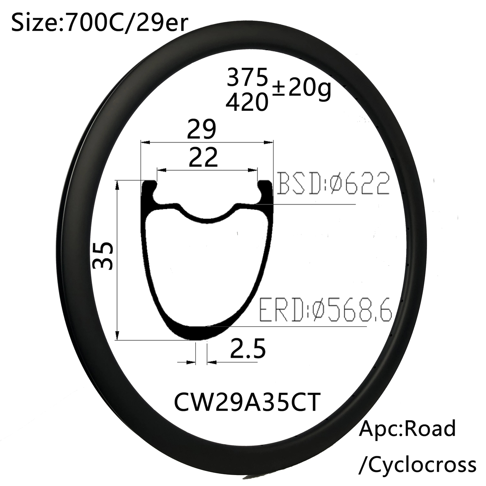 Carbon Gravel Road Bike Rim Clincher Tubeless 29Mm Wide V/Disc Brake Wheels