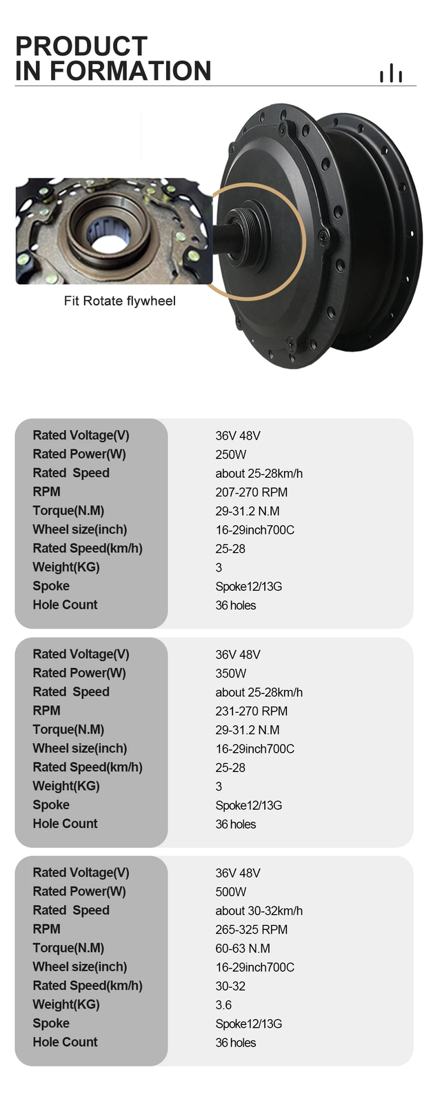 250W-500W E-bike Conversion Kit 36V 48V Rear Rotate Wheel Hub Motor Drop 135mm