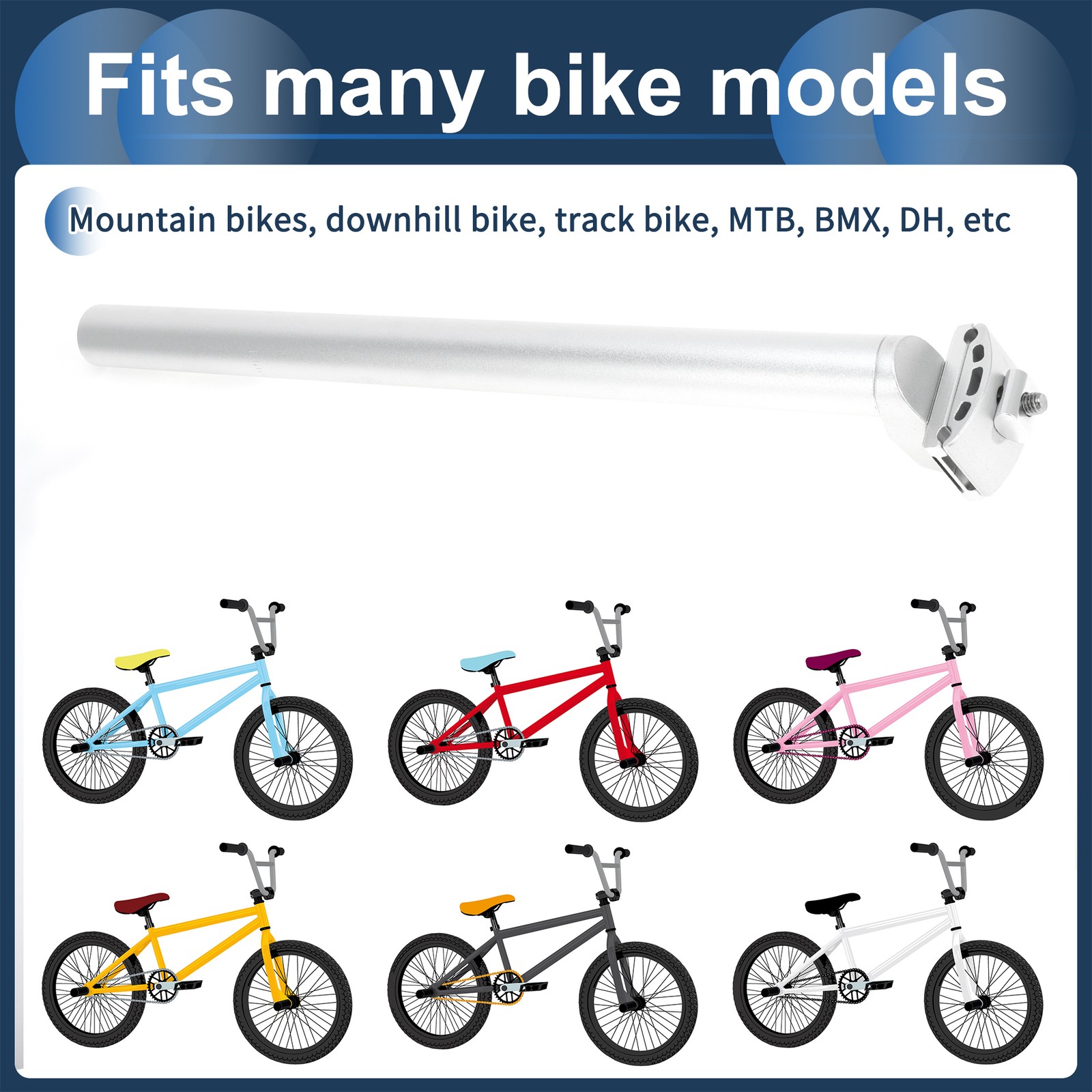 Bike Seat Post 28.6x400mm Adjustable with Fixing Clip Silver Tone Aluminum Alloy