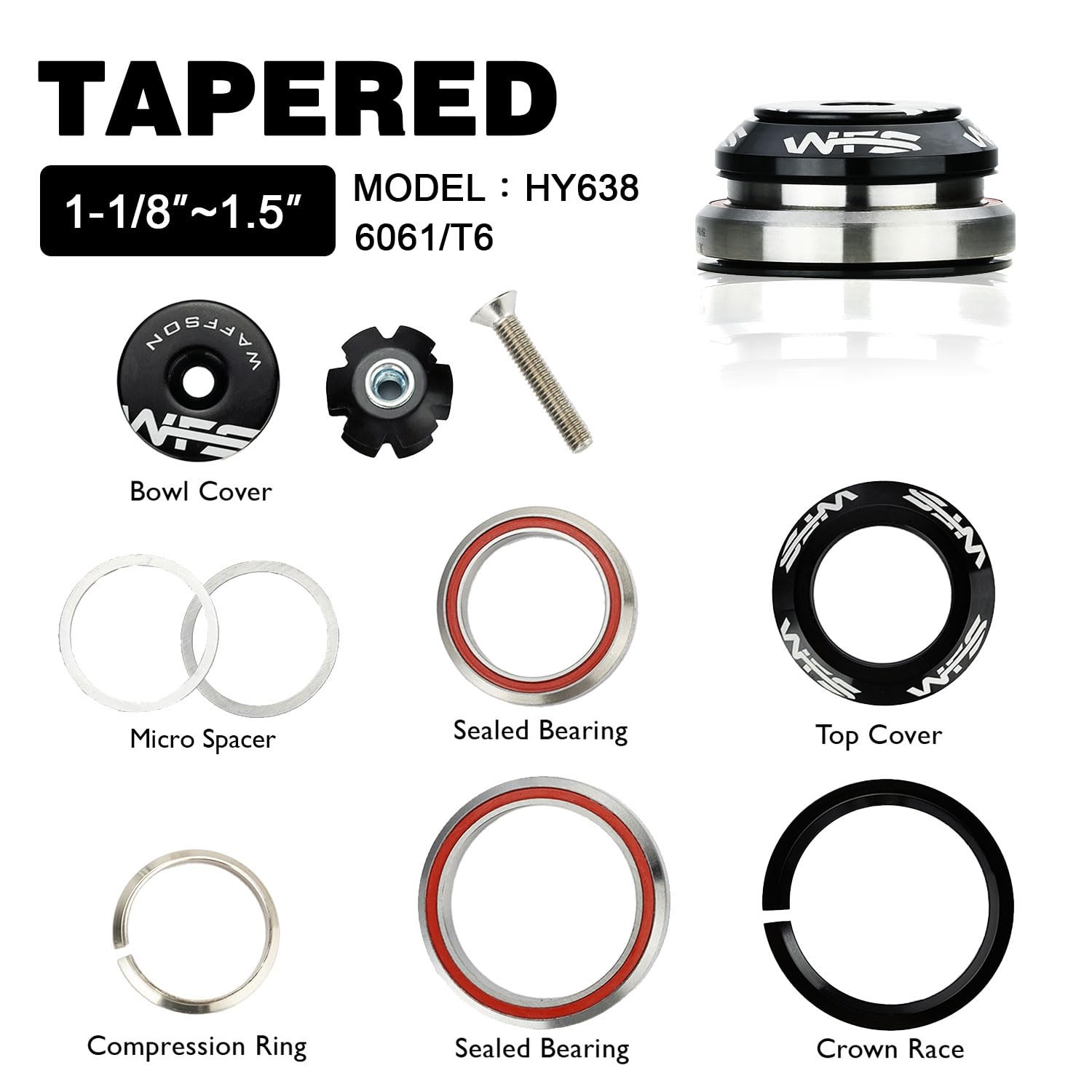 HY638 1-1/8″ to 1-1/2″ Tapered Integrated Headset Set for 42 to 52.2mm Tapere…