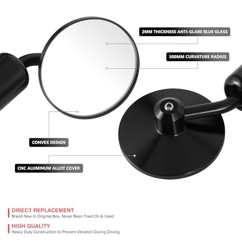 Pair of Motorcycle Side View Mirror, White Glass, Universal 2.7×2.7 Inch Black