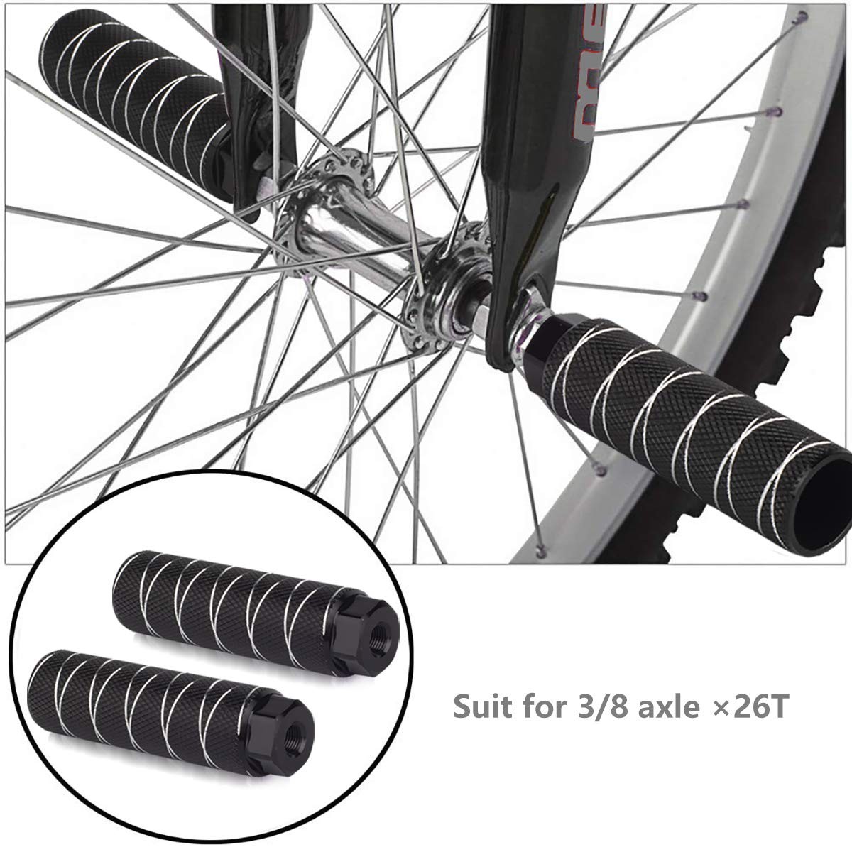4Pcs Bike Pegs Aluminum Alloy Anti-Skid Lead Foot Pegs 3/8 Inch Axle Black