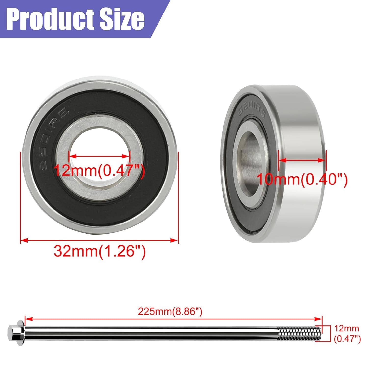 12mm 270mm Mini Bike Rear Axle Nut Bolt with 6201RS Wheel Bearings…