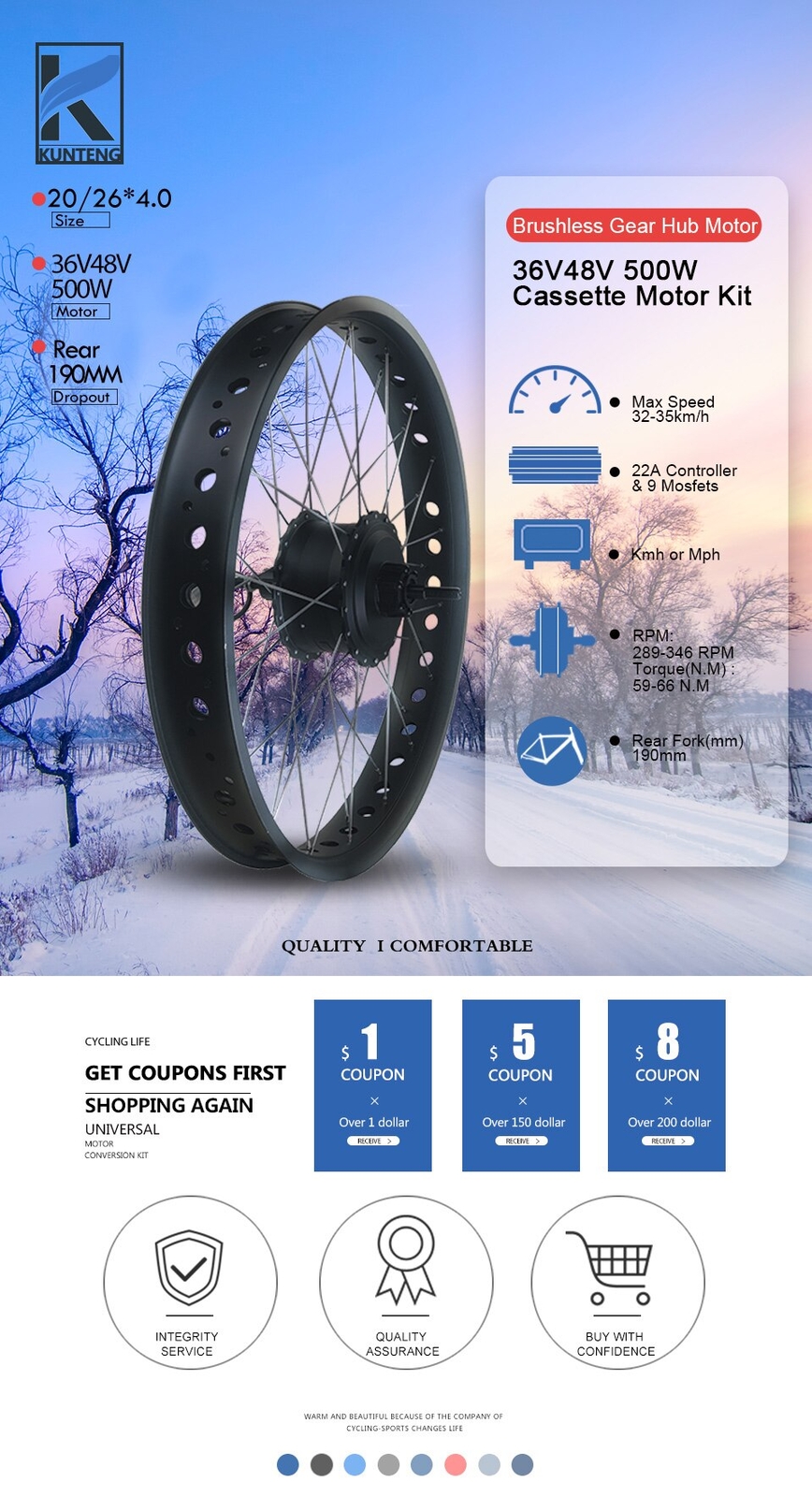 EBike Conversion Kit 36V48V 500W Rear Cassette Hub Motor Wheel 20 26”×4.0 Wheel