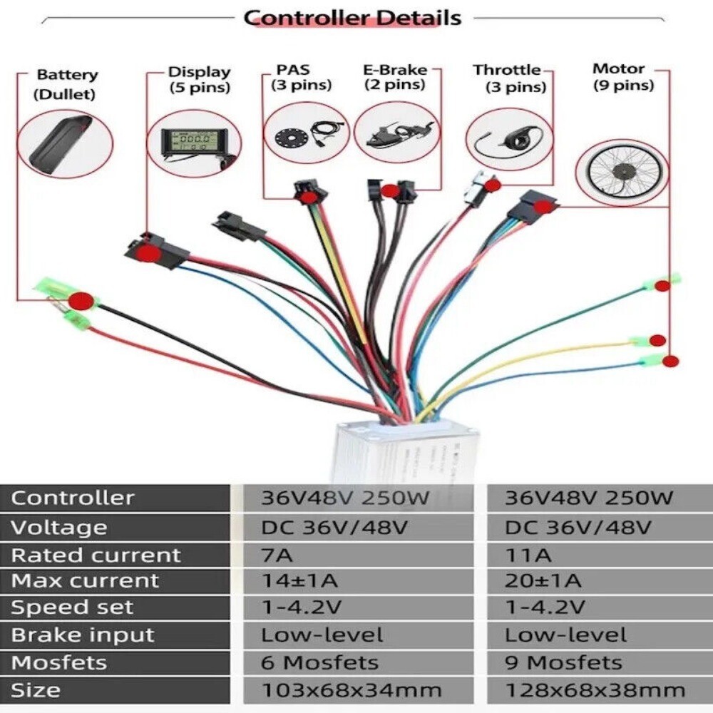 48V 250W-500W Electric Bike Motor Wheel Kit Controller Waterproof Line Display