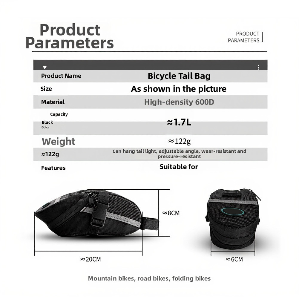 Bicycle Saddle Bag 20x8x6cm Quick Detach Design for MTB and Road Cycling