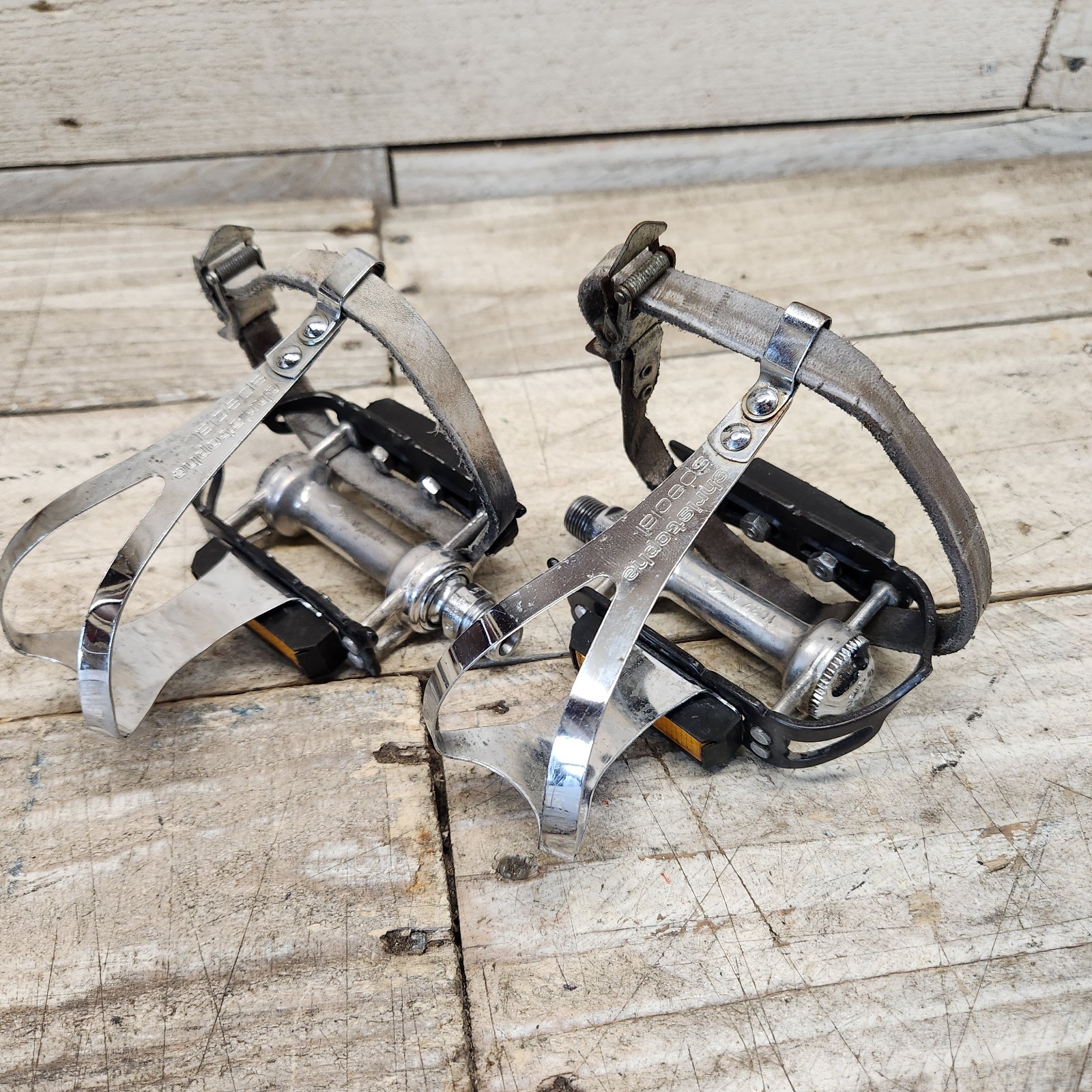 1972 Campagnolo Record Black Platform Pedals Christophe Clips Leather Straps
