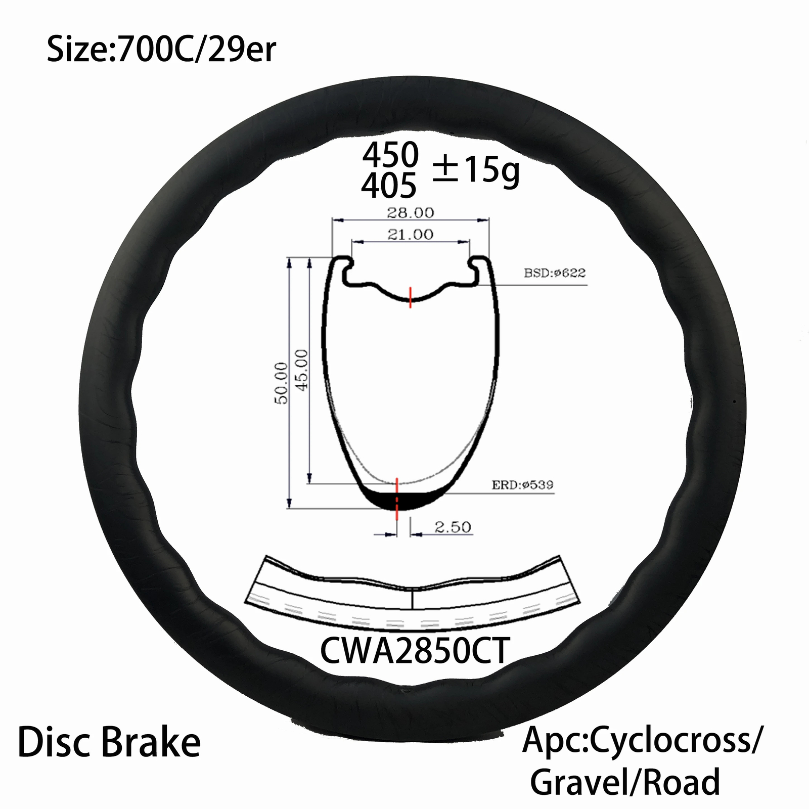 700C/29er Road Bicycle Carbon Rim Disc Brake 28*50mm Asymmetric 24 Holes Wheel