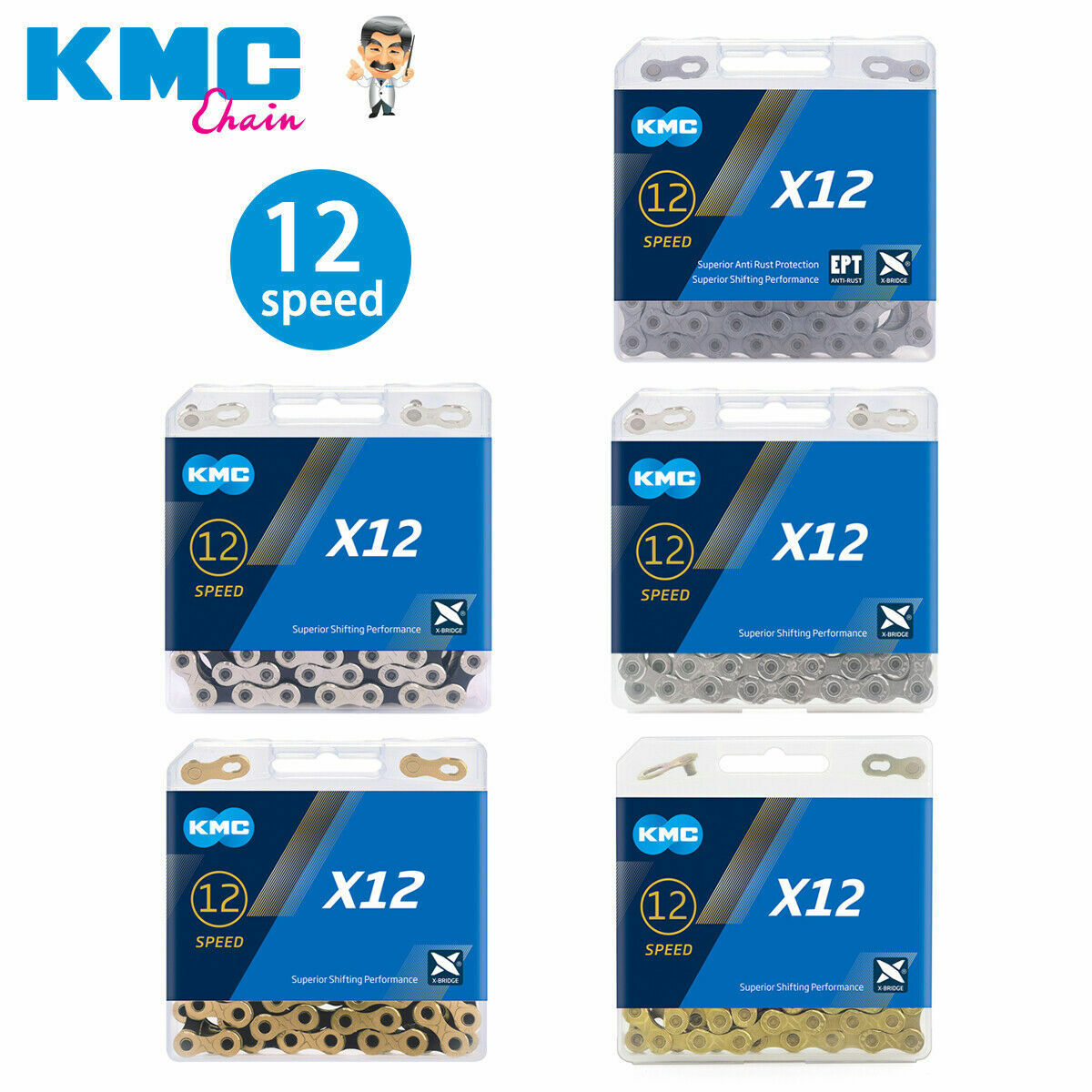 KMC X12 12 Speed Silver/ Gold Ti-N Road Bike Chain 126L Quick Link Fits Shimano