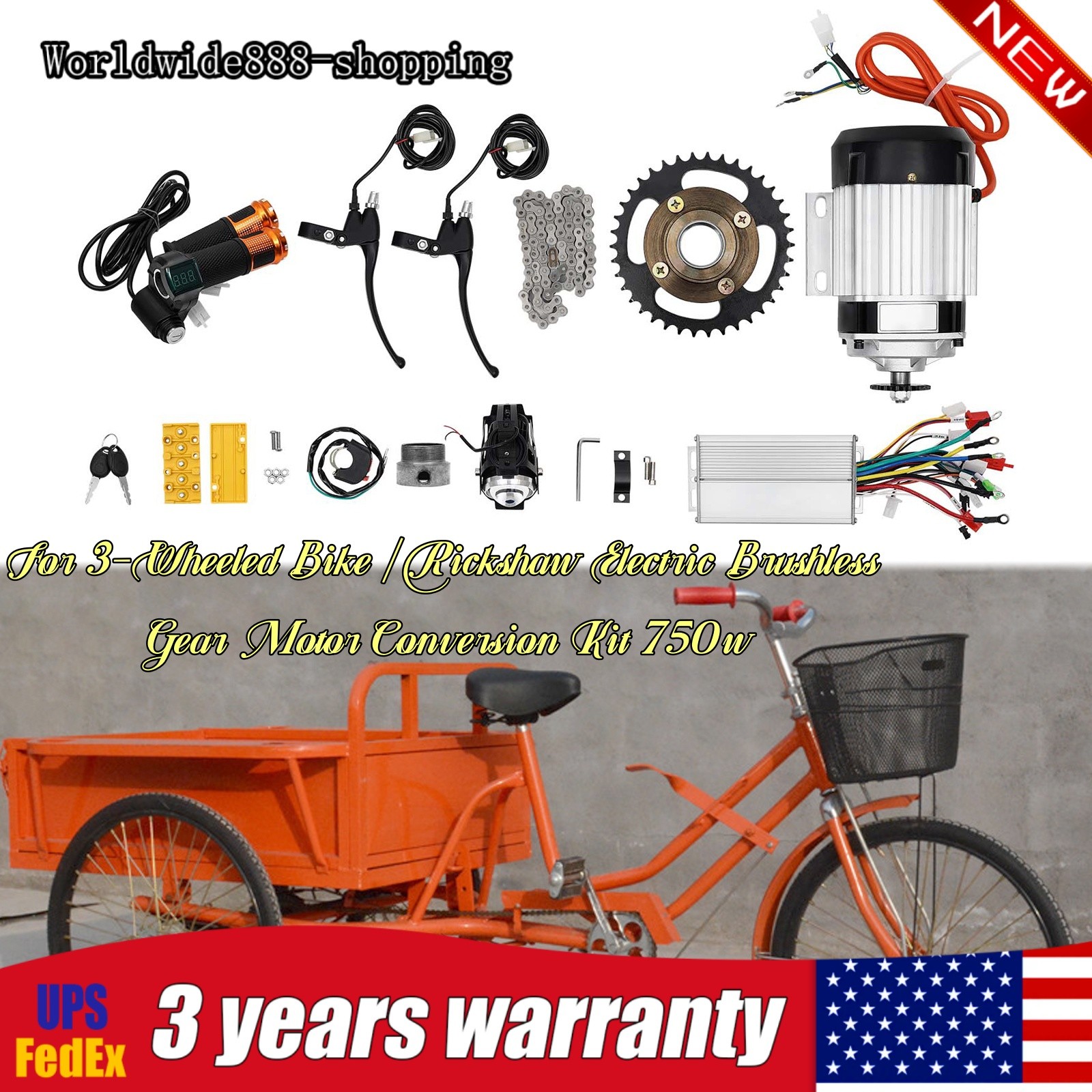For Adults Tricycle Trike New 48V 750W Electric 3-wheel Bike Brushless Motor Kit