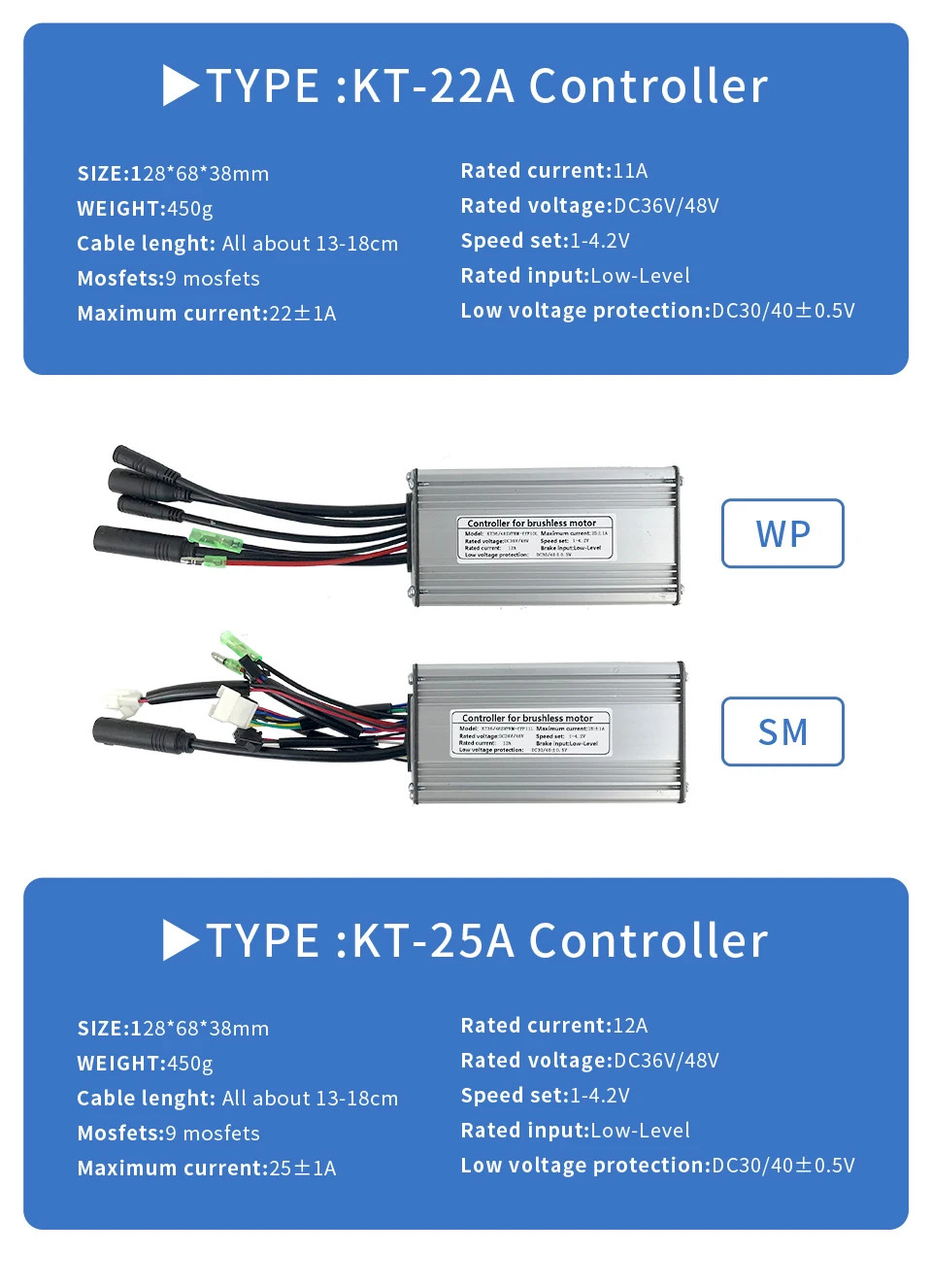 Electric Bicycle Controller 36V 48V 250W-1000W Sinewave SM/Waterproof Plug