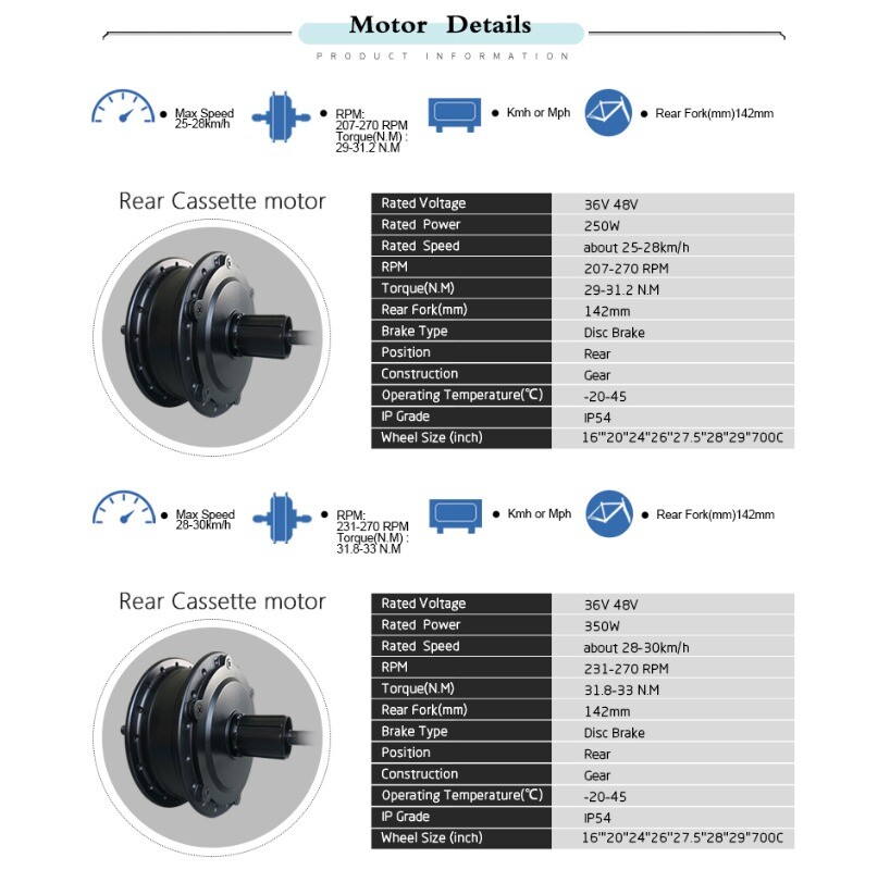 36V 48V 250W 350W 500W 1000W 1500W Electric Bike Rear Cassette Hub Motor Wheel