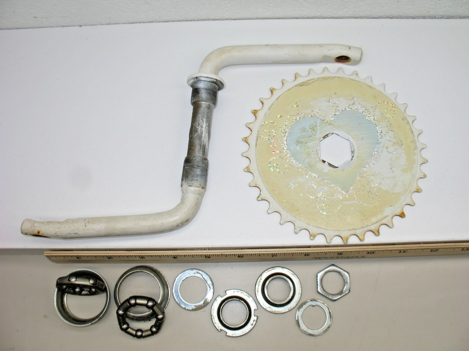 16″ Huffy White Steel Crank 114mm (4-1/2″) 36 Tooth Chainring with B/B Set-USED
