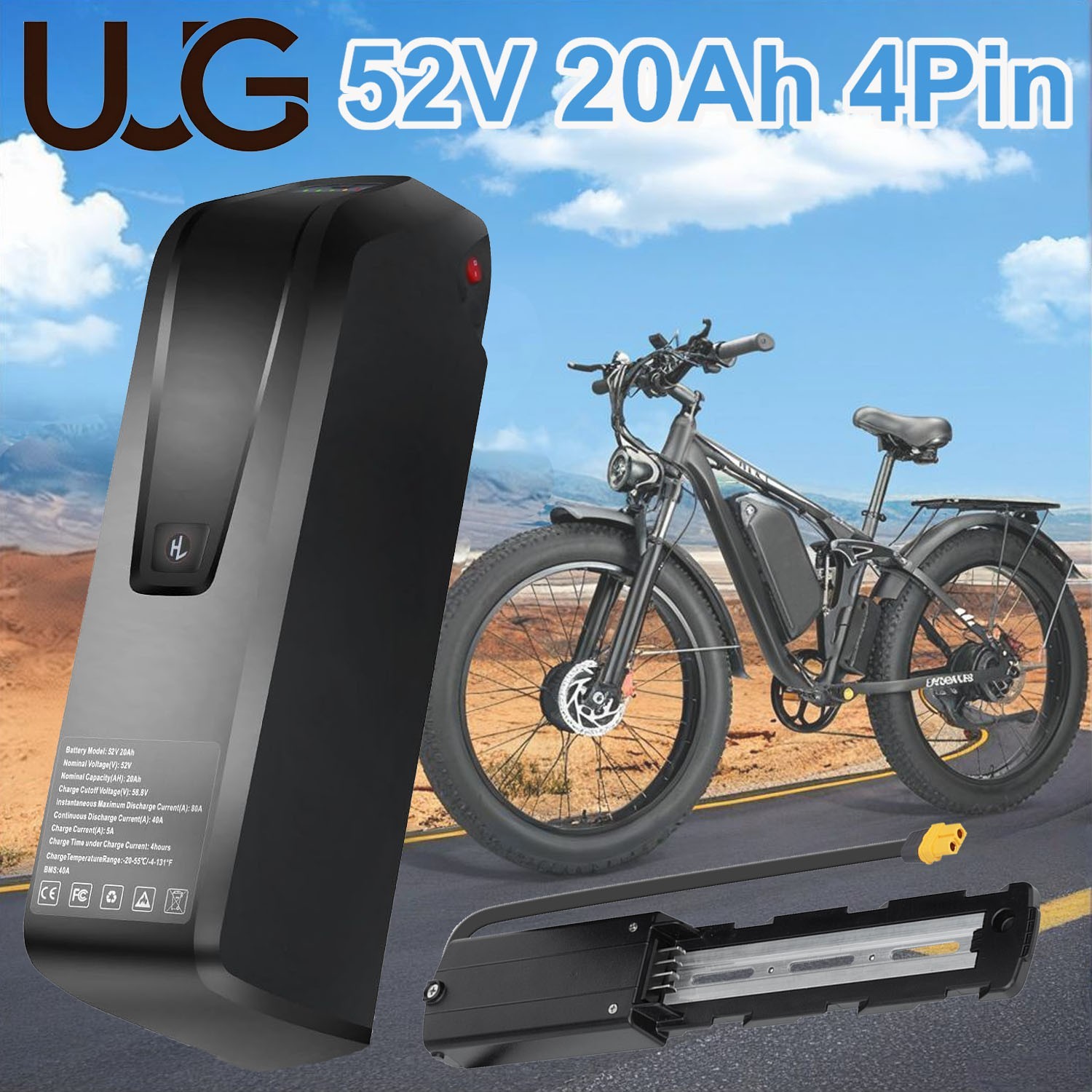 UUG 4Pin 52V 20Ah Ebike Battery Lithium Electric Bike Battery with Safe Lock/USB