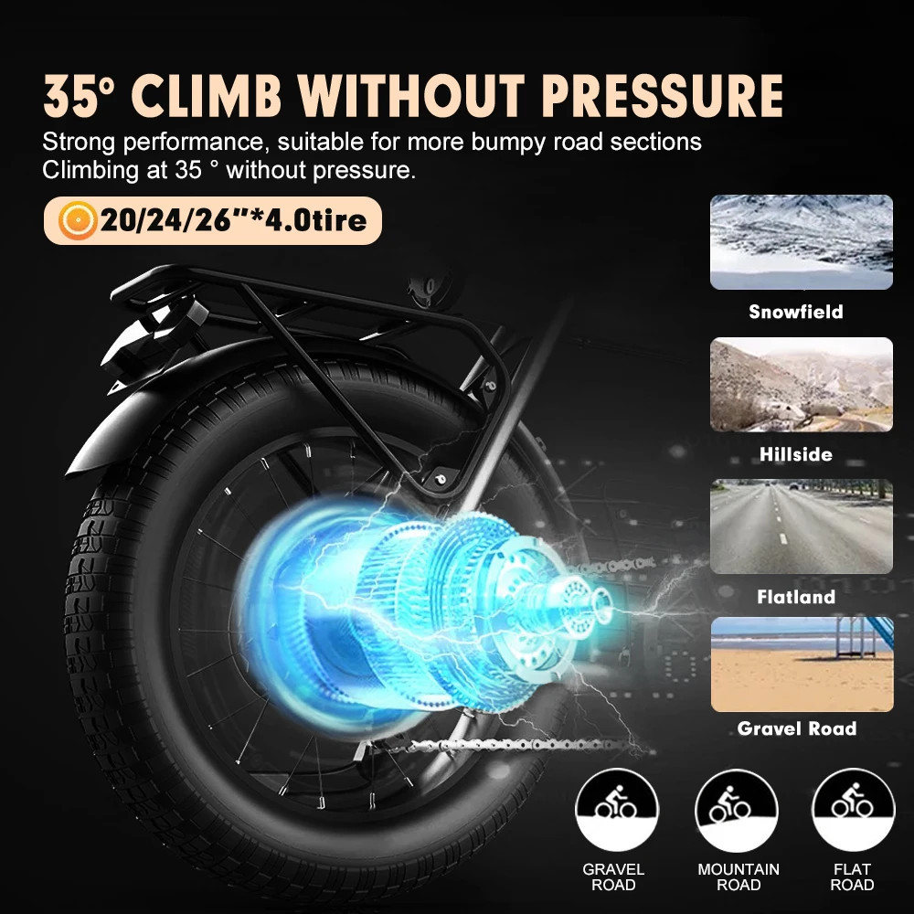 Snow Electric Bike 48V 750W 20/24/26in Fat Tire Brushless Rear Wheel Hub Motor