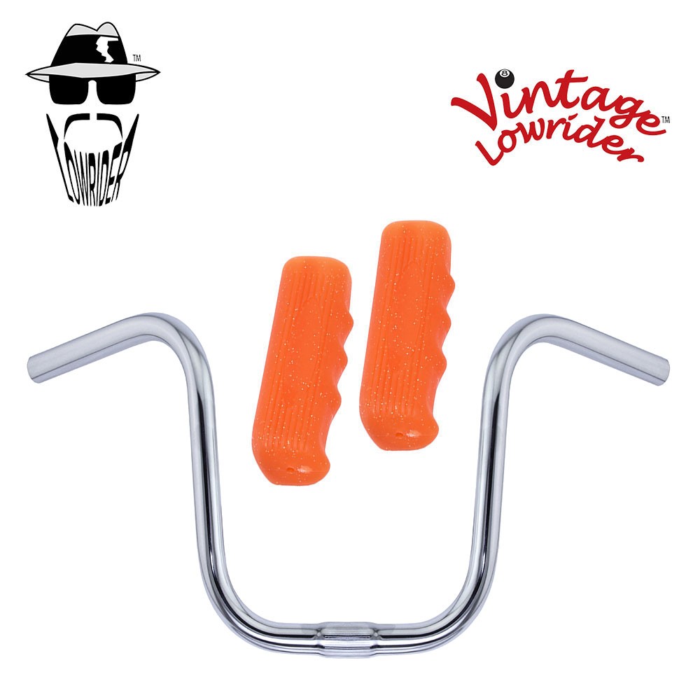 Original Lowrider 9″ 25.4 U Handlebar Chrome Custom 120mm Grips Sparkle/Orange
