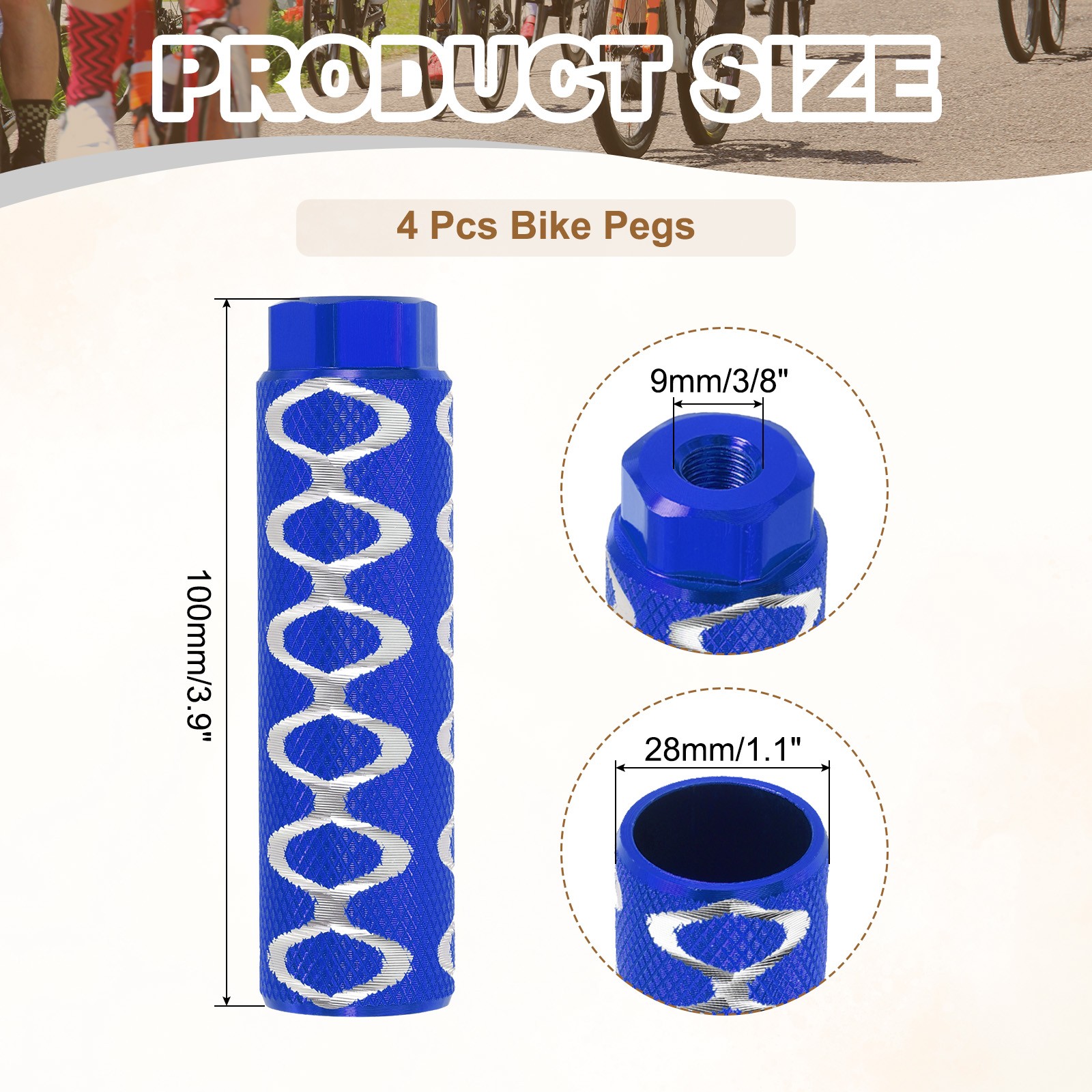 4 Pack Aluminum Alloy Bike Pegs Anti-Skid Fit 3/8 Inch Axles with Circle Blue