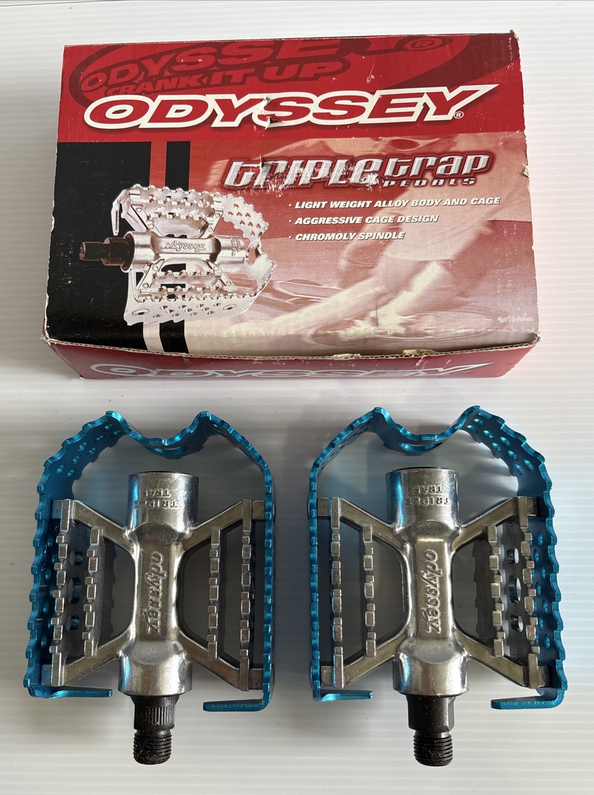 ODYSSEY TRIPLE TRAP PEDALS 9/16” ANODIZED BLUE SILVER ORIGINAL BOX NOS NEW VTG
