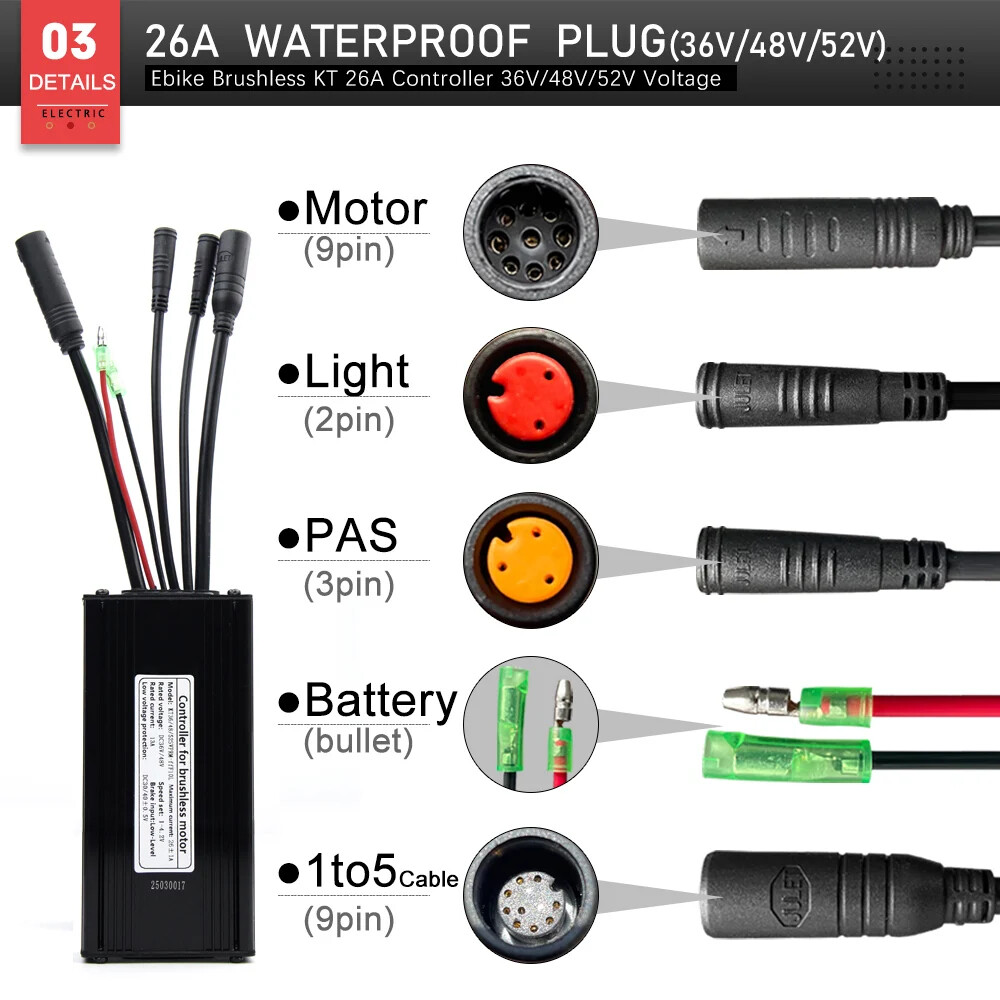 KT E-bike Sinewave Controller 36/48/52V 26A Waterproof Brushless 500W 750W Motor