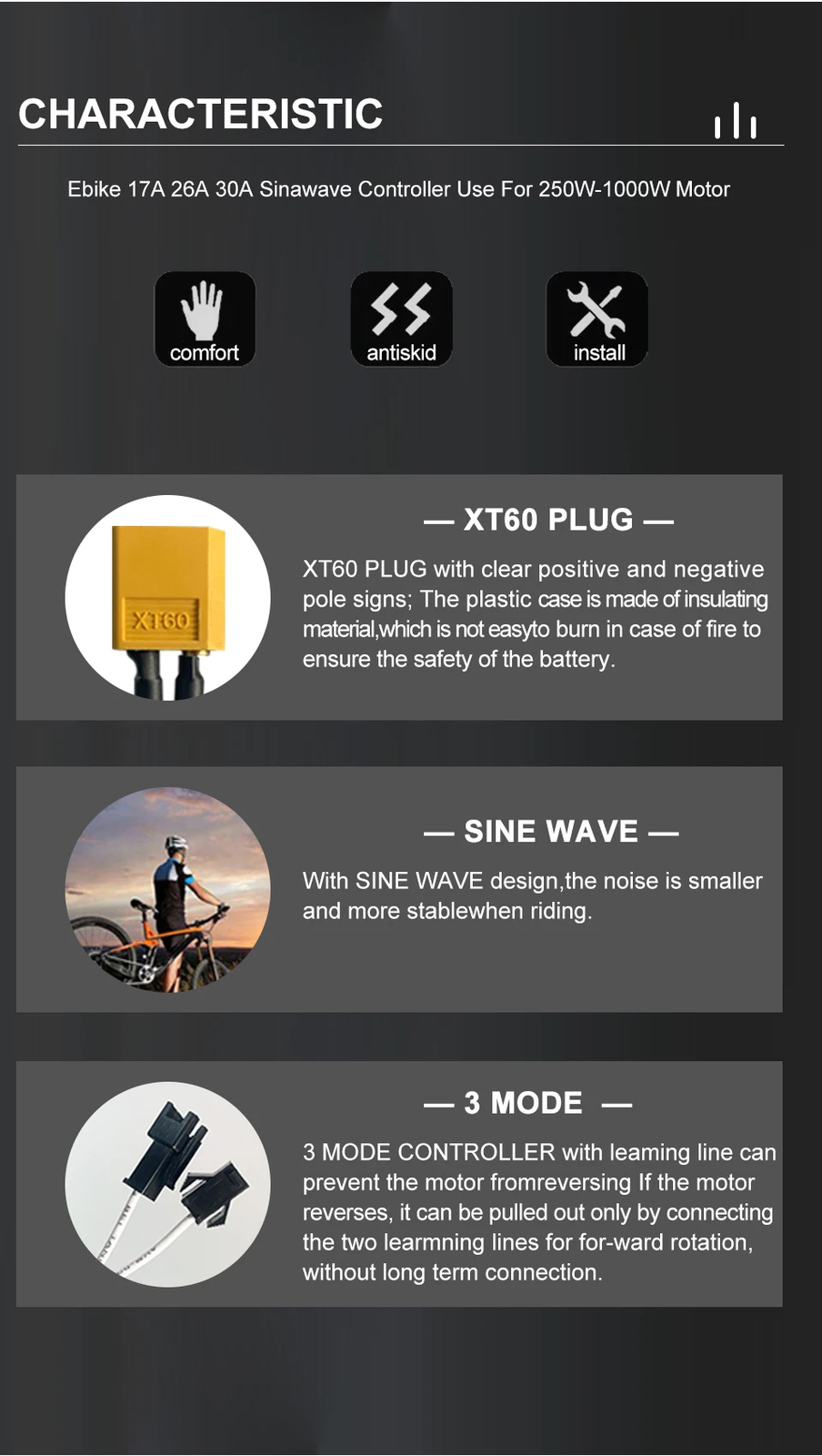 Three Mode 250W-1000W E-bike Brushless Sinewave Controller 17A/26A/30A 36V/48V