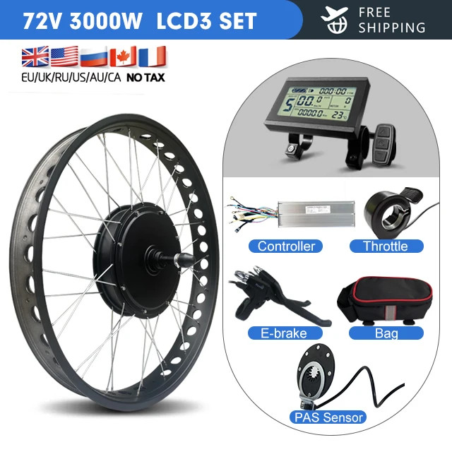72V 3000W Snow E-bike Conversion Kit for Brushless Rear Rotate Hub Motor Wheel