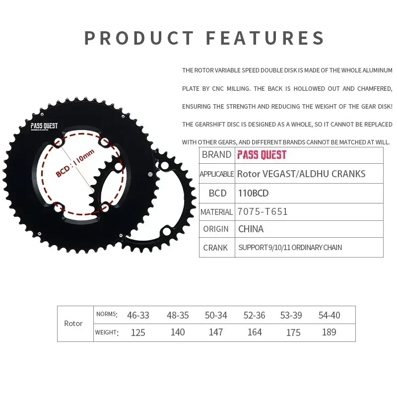 110BCD Chainring Road Bike for ROTOR 4 Claw Double Chainring 52-36/53-39/56-42T