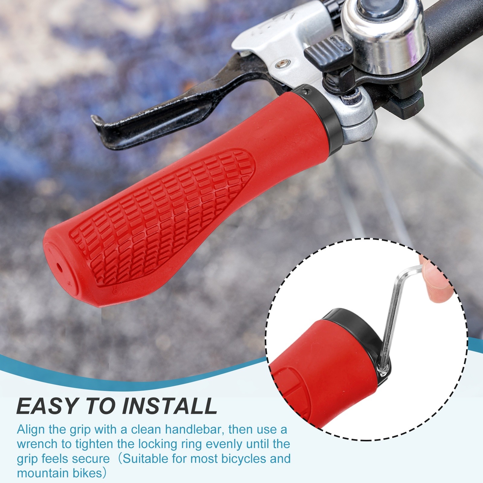 Ergonomic Bike Grips for Bicycle with Wrench 5.3in Diamond-Texture Red