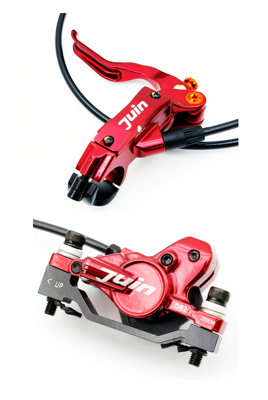 Juin Tech DB2 Full Hydraulic Disc Brake Set Red F/R Post Mount 160mm Rotors