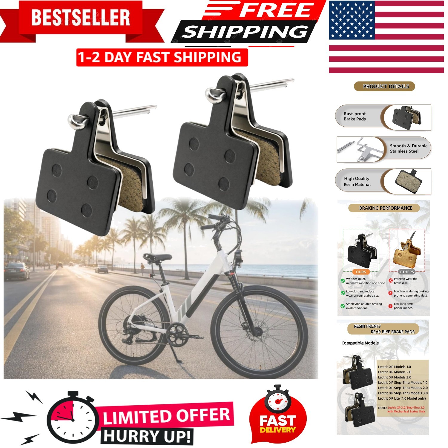 2Pcs Resin E-Bike Brake Pads for Lectric XP 1.0/2.0/3.0, XP Step-Thru 1.0/2.0…