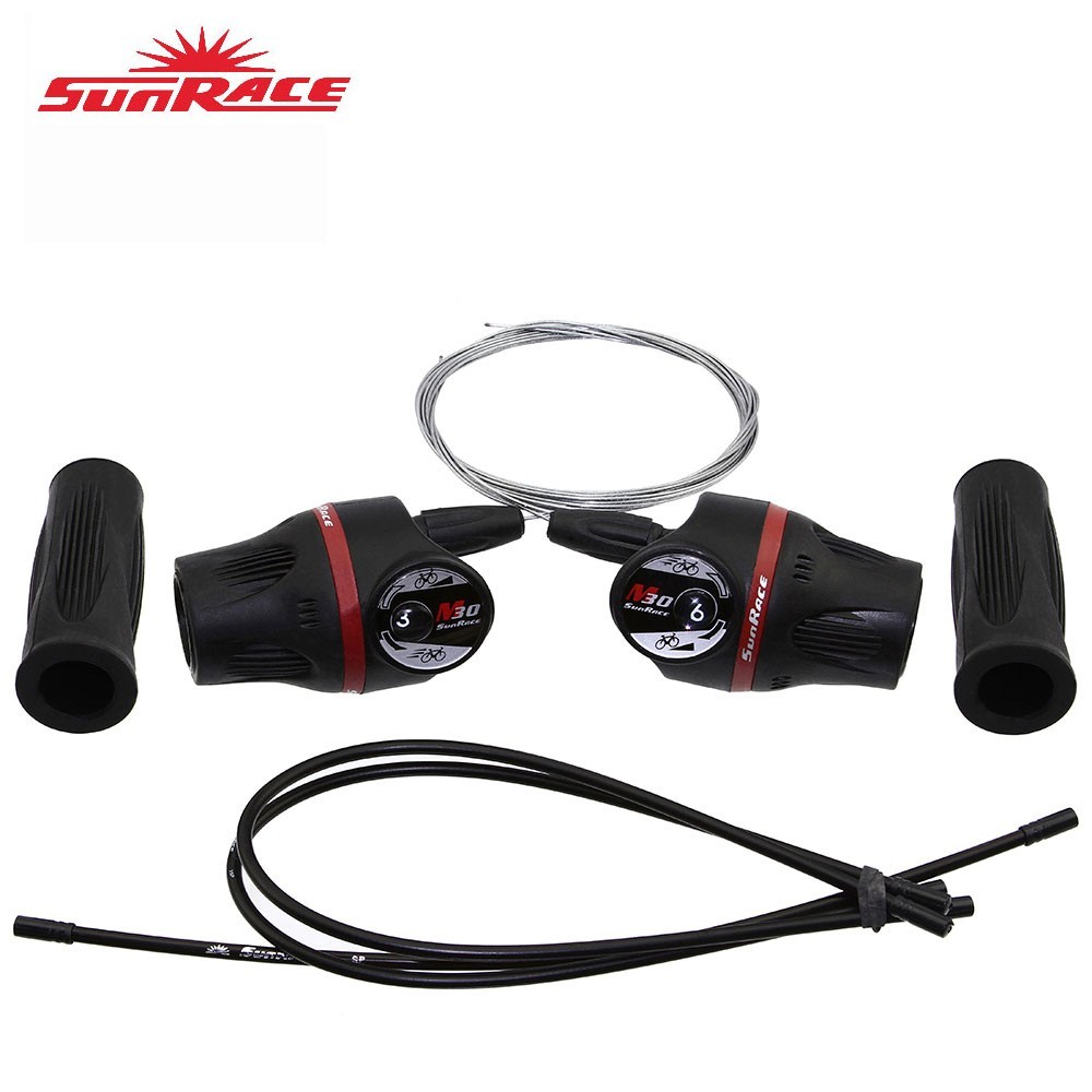 SunRace TSM-37 3×6 Speed Twist Grip Shifter Set – Black MTB Gear Levers w/Cables