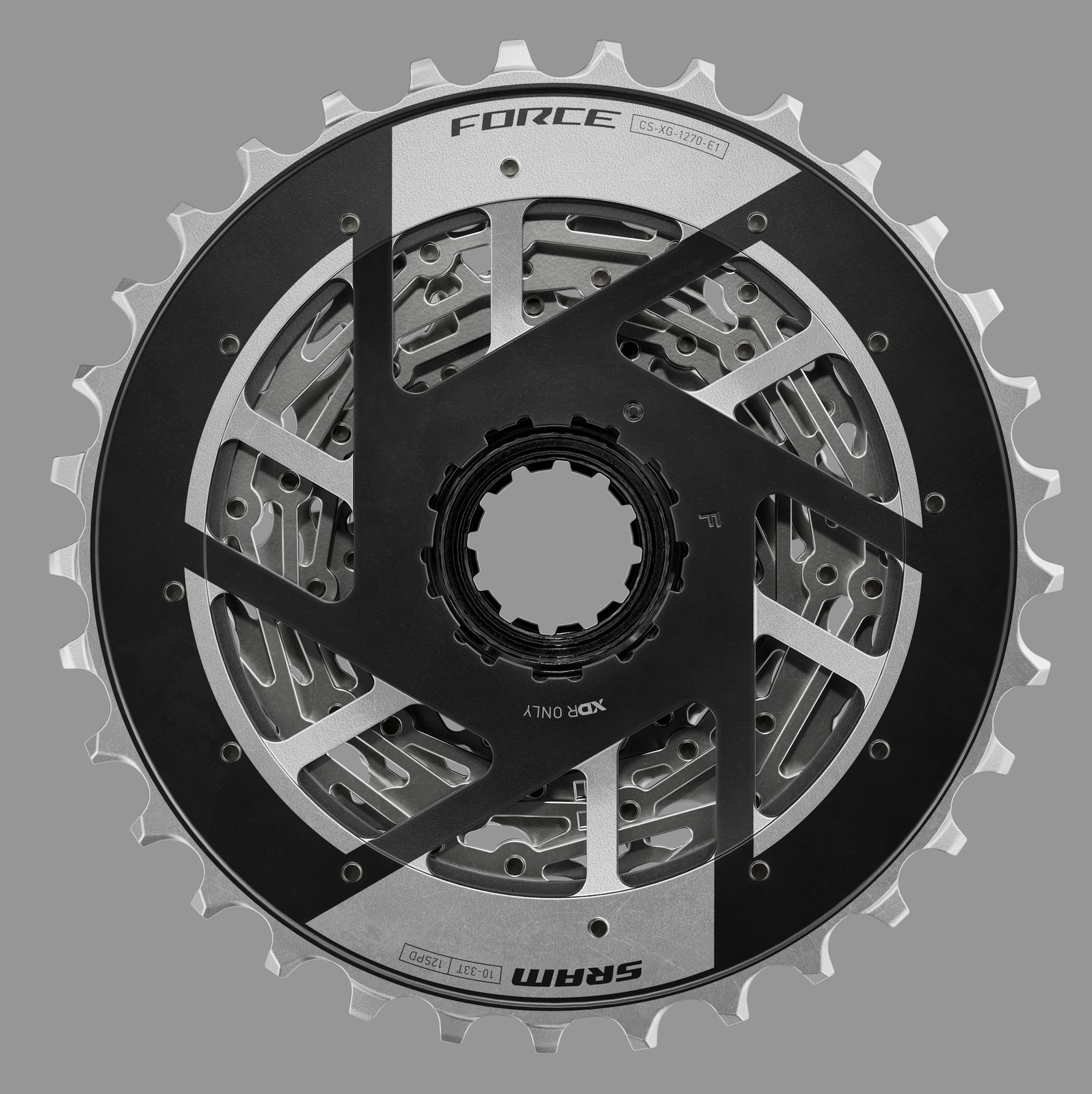SRAM Force XG-1270 Cassette – 12-Speed, 10-33t, Silver, For XDR Driver Body, E1
