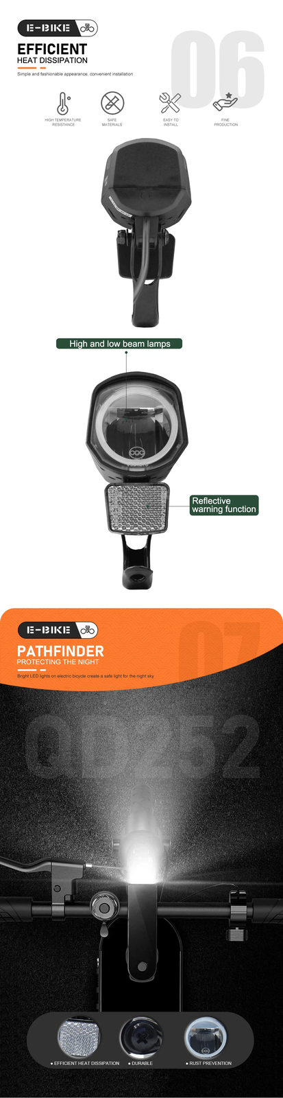 E-Bike Front Light QD252 12V 24V 36V 48V 60V 72V SM/Waterproof Front Headlight