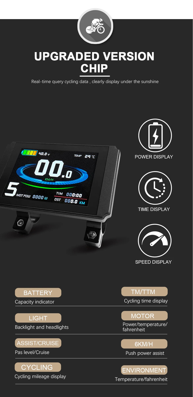 E-bike Display with USB 24V/36V/48V/52V/60V72V for Electric Bike Kit Accessories