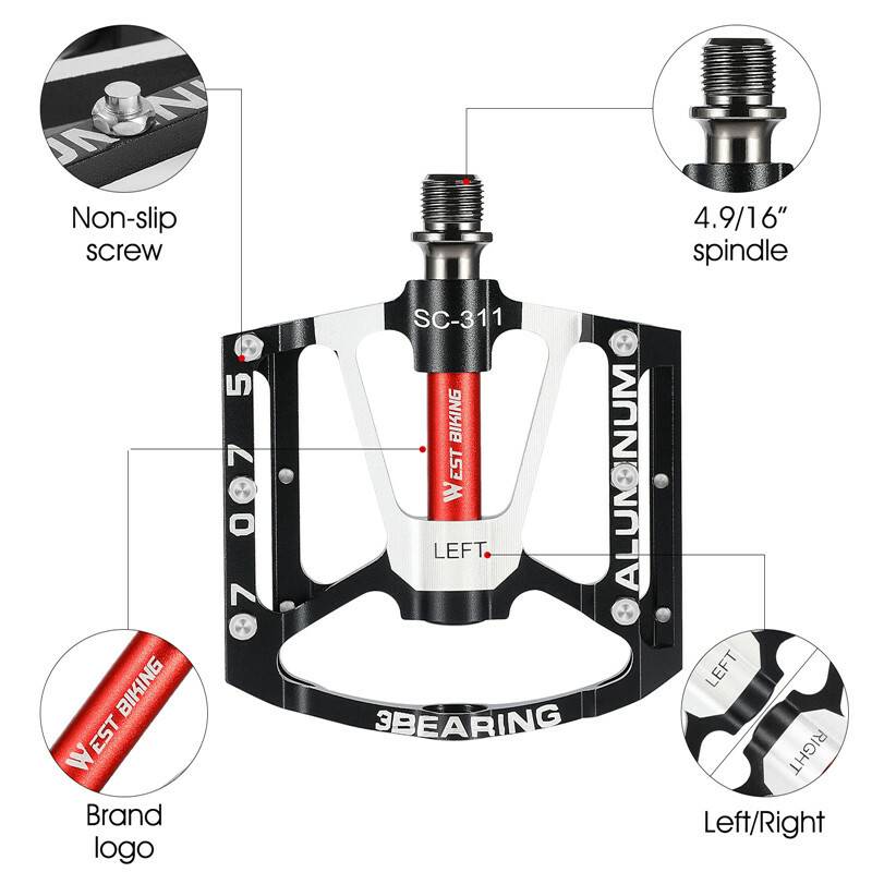 WEST BIKING 3 Sealed Bearing Bicycle Pedals Aluminum Bike Pedals Black 9/16 in