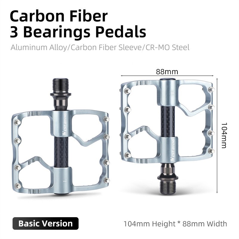 WEST BIKING 3 Sealed Bearings Carbon Fiber Axle Bike Bicycle Pedals 9/16″ Silver