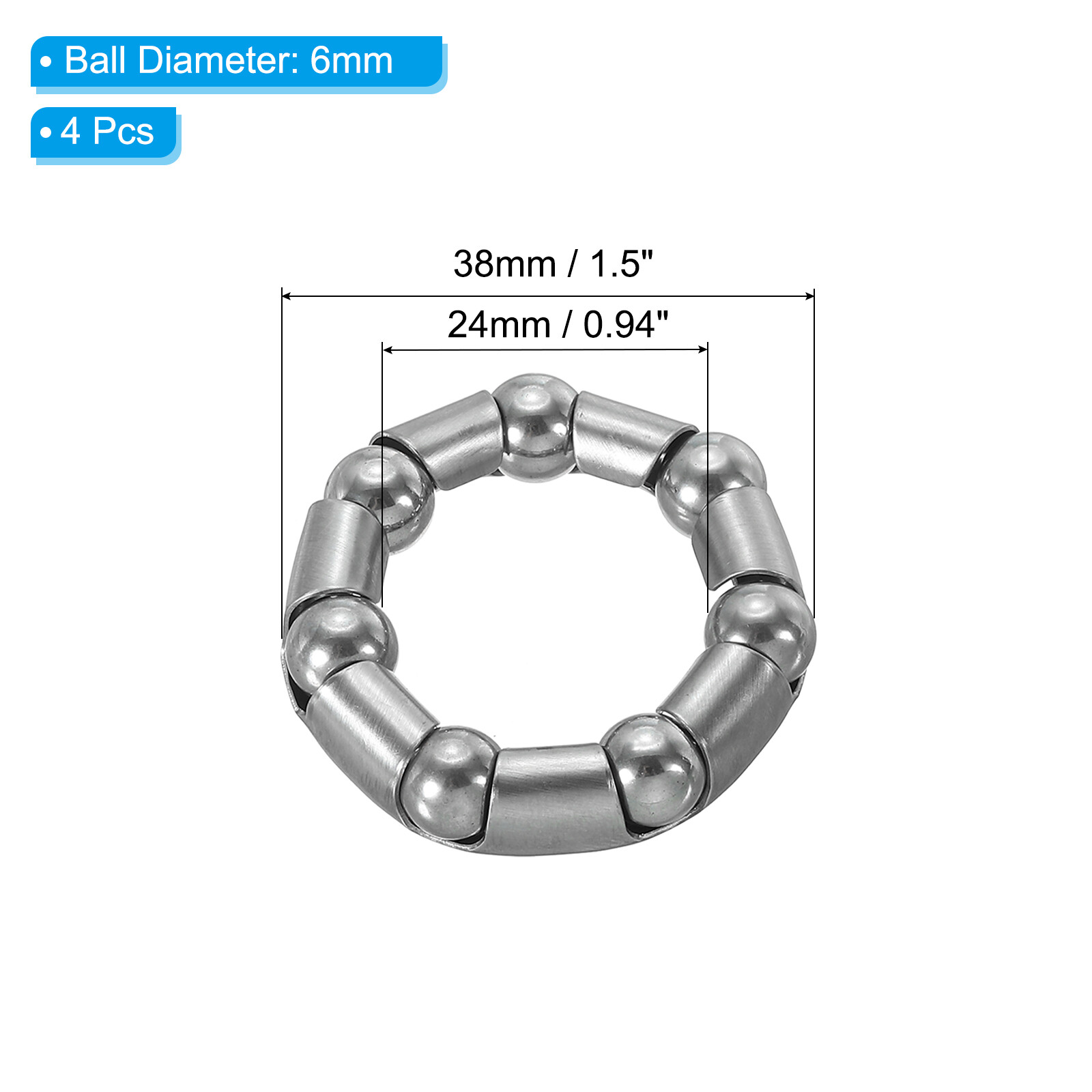 Bike Ball Crank Bearing 1-1/2inch x 7 Balls, 4 Pack Bicycle Bearings, Silver